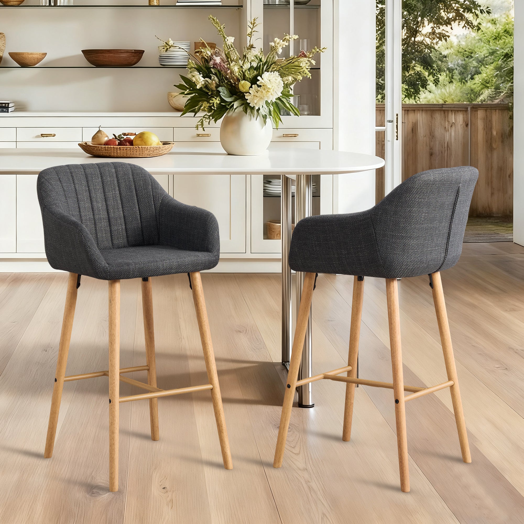 Modern Bar Stools Set Of 2, Kitchen Island Tall Chairs With Back, Arm, Footrest And Solid Wood Leg, Linen Fabric Upholst