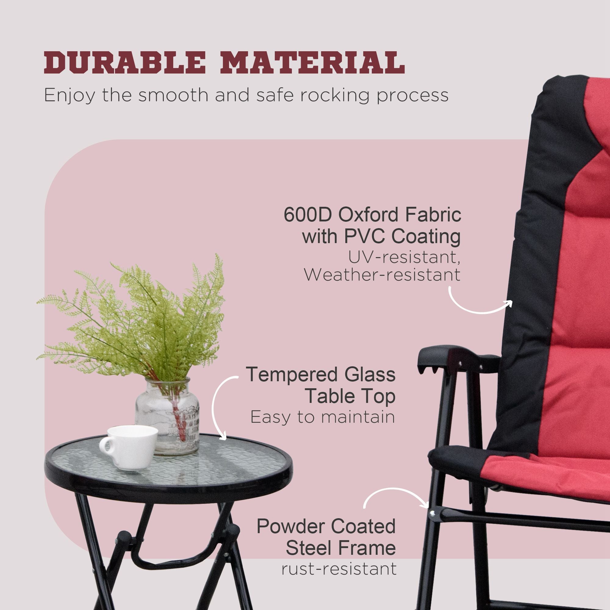 3 Piece Outdoor Patio Furniture Set with Glass Coffee Table & 2 Folding Padded Rocking Chairs, Bistro Style for Porch, C