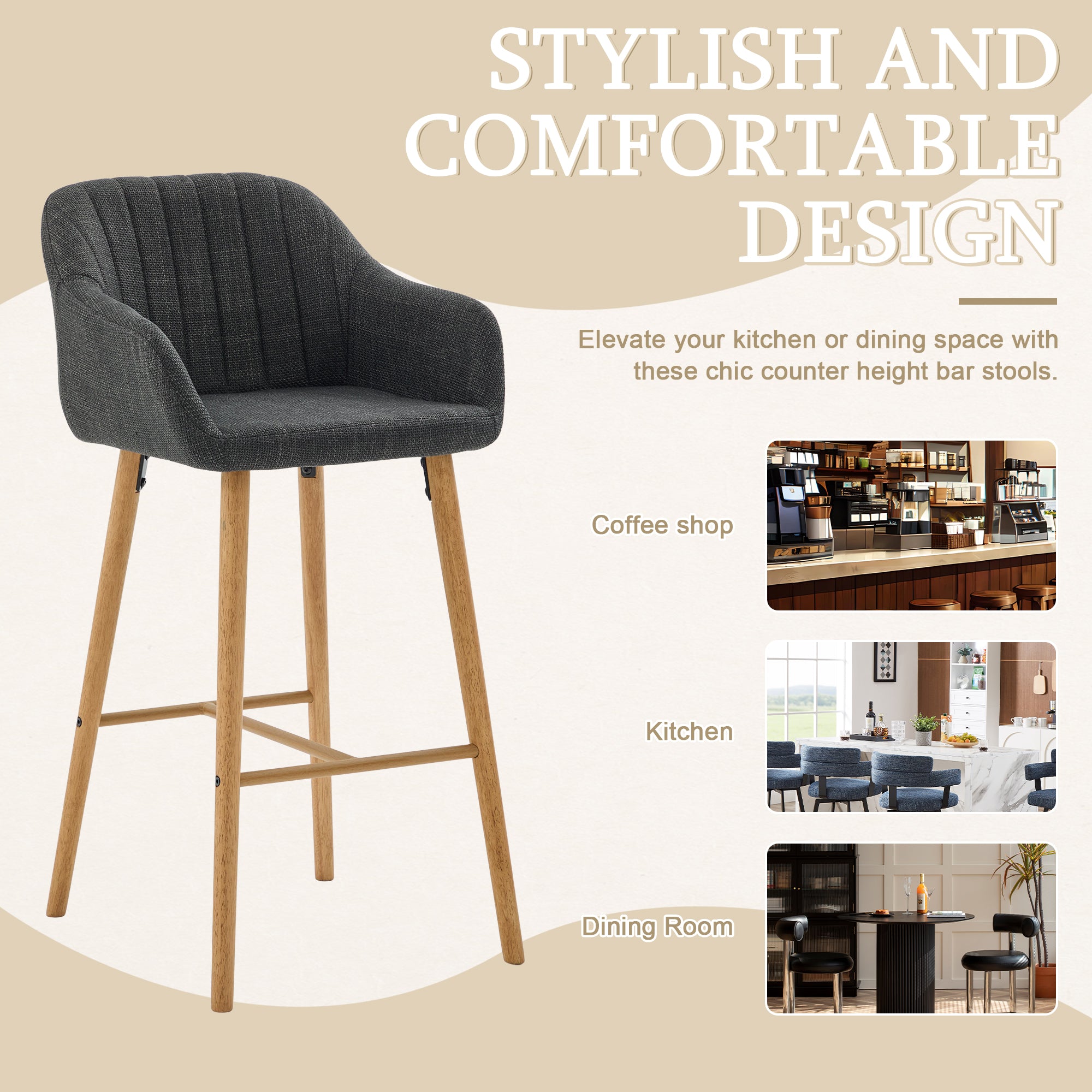 Modern Bar Stools Set Of 2, Kitchen Island Tall Chairs With Back, Arm, Footrest And Solid Wood Leg, Linen Fabric Upholst