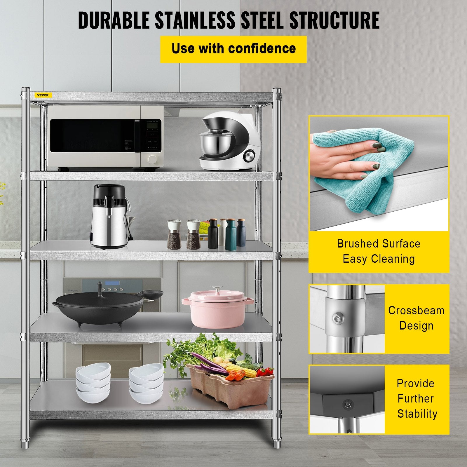 Stainless Steel Shelves 48x18.5 Inch 5 Tier Adjustable Shelf Storage Unit Stainless Steel Rack Shelving Heavy Duty Shelv
