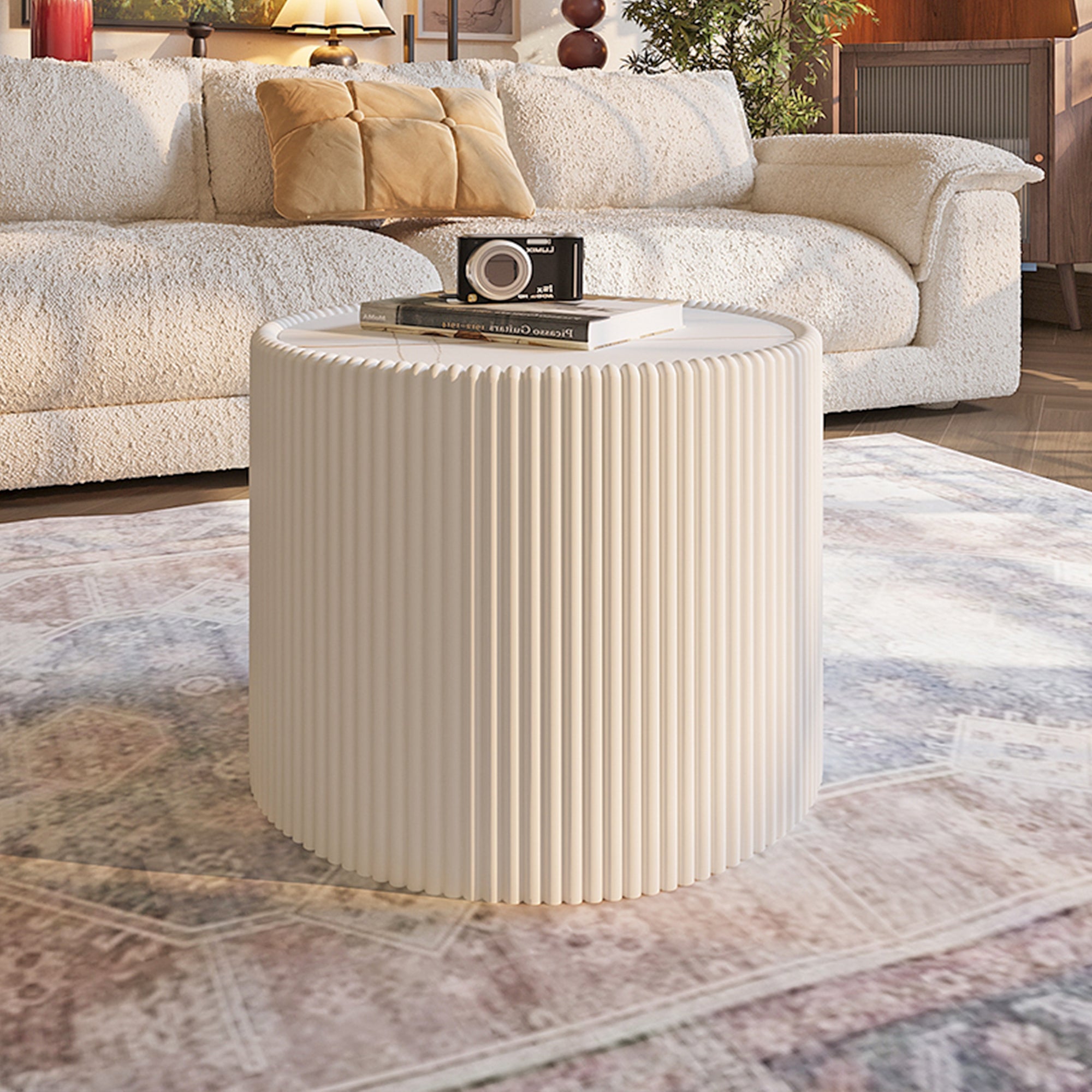 Light Sintered Stone Top Cylinder Shape Leather Coffee Modern Sofa Table For Living Room Furniture  Each Tabletop Has A Unique Gold Pattern
