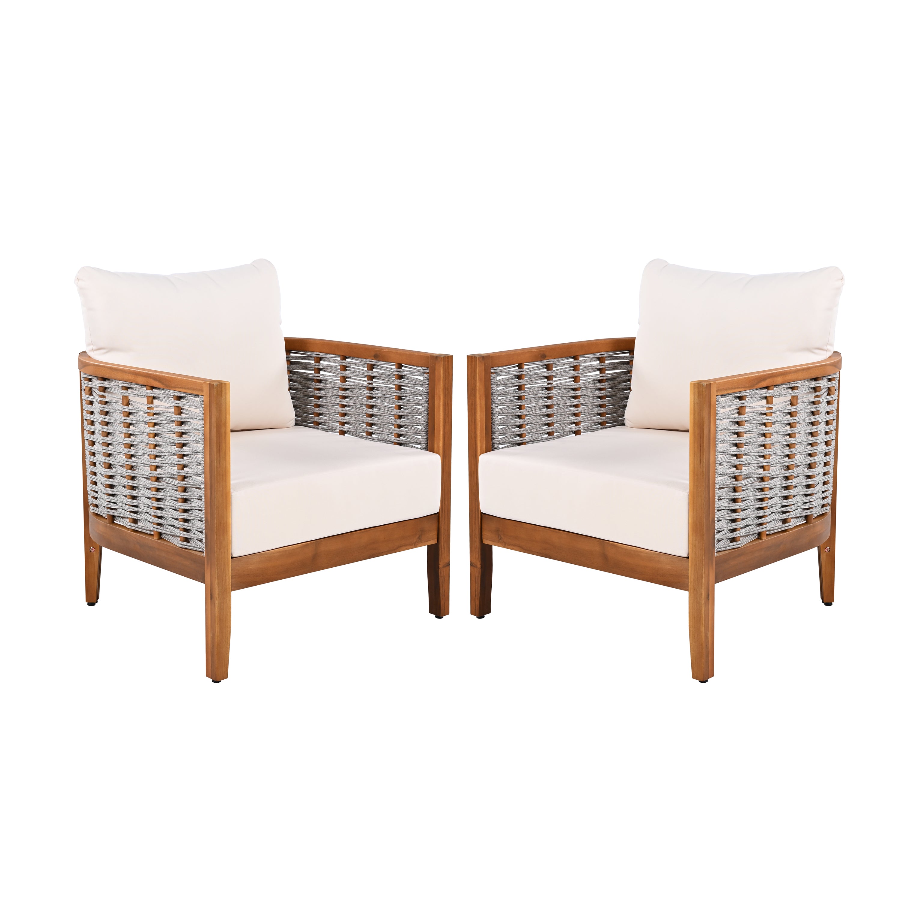 2 Pieces Outdoor Unique Tub Design Armchair With Woven Rope, Patio Furniture Acacia Wood Chair, Deep Seating With Soft C