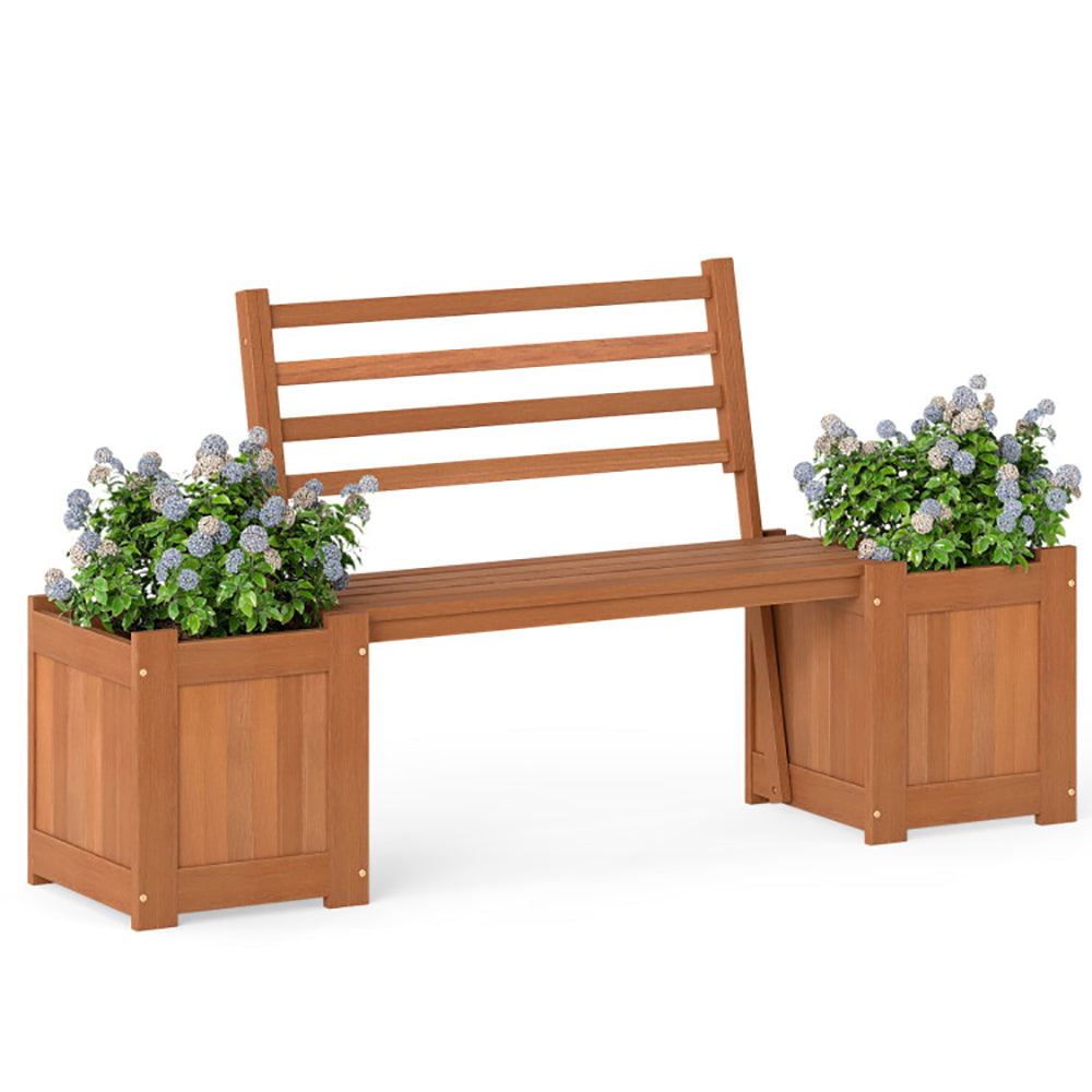 Outdoor Planter Box Wooden Bench Set With 2 Open-ended Planter Boxes And Salt Backrest For Various Outdoor Spaces Like B