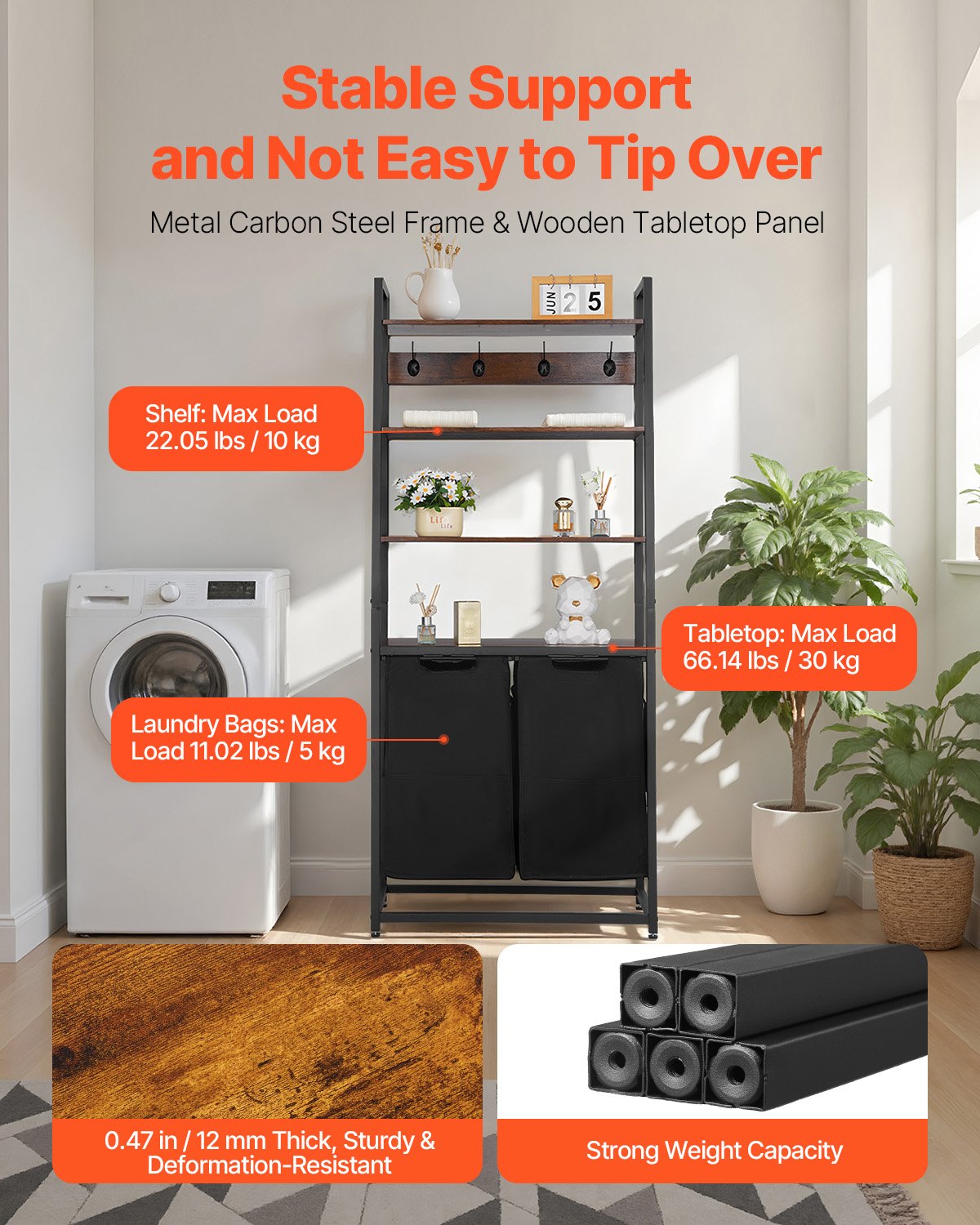 4 Tiers Laundry Sorter, Tall Laundry Hamper With Shelves And Hooks, 2 Section Freestanding Basket Organizer Storage With