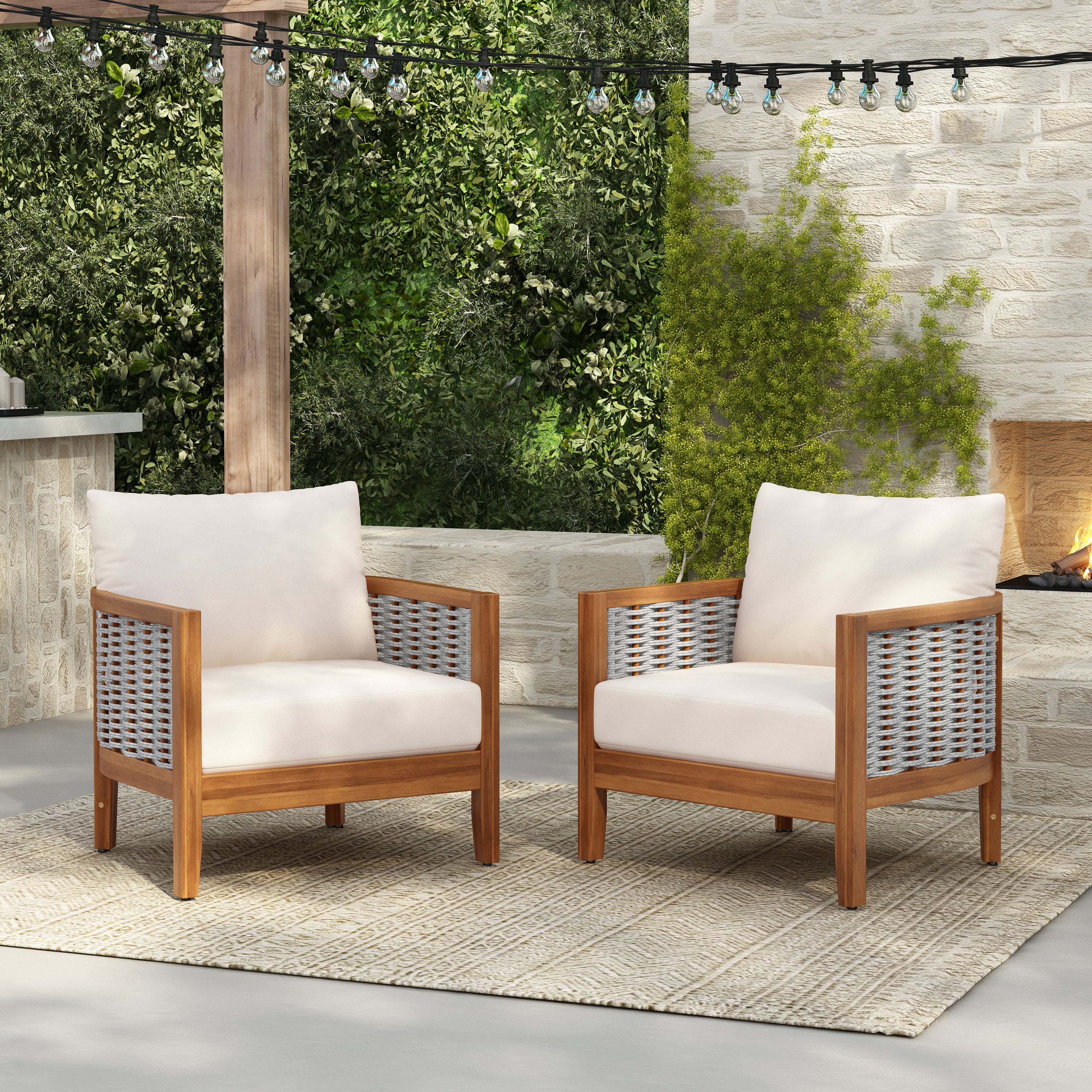 2 Pieces Outdoor Unique Tub Design Armchair With Woven Rope, Patio Furniture Acacia Wood Chair, Deep Seating With Soft C