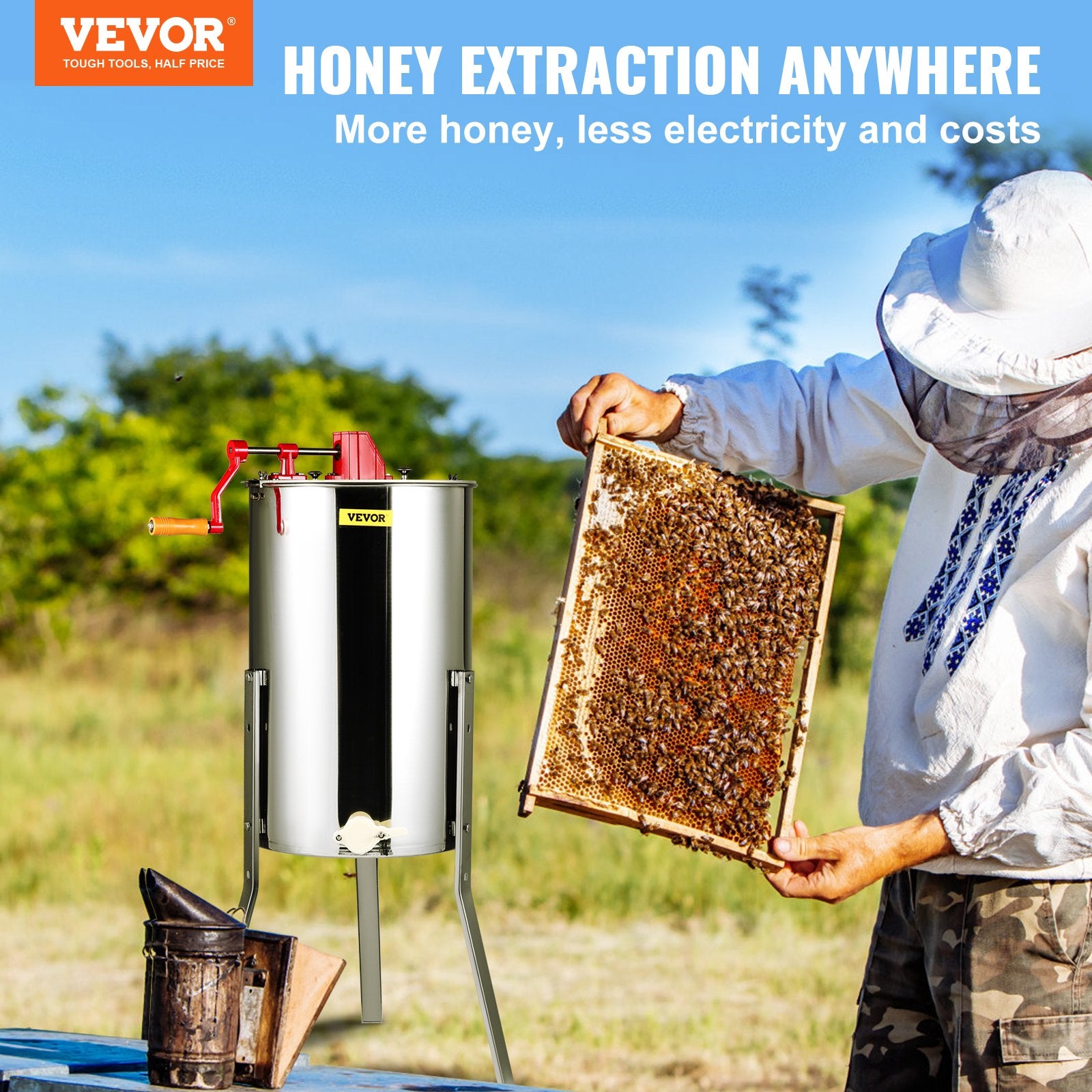 VEVOR Manual Honey Extractor, 3 Frames Honey Spinner Extractor, Stainless Steel Beekeeping Extraction, Honeycomb Drum Sp