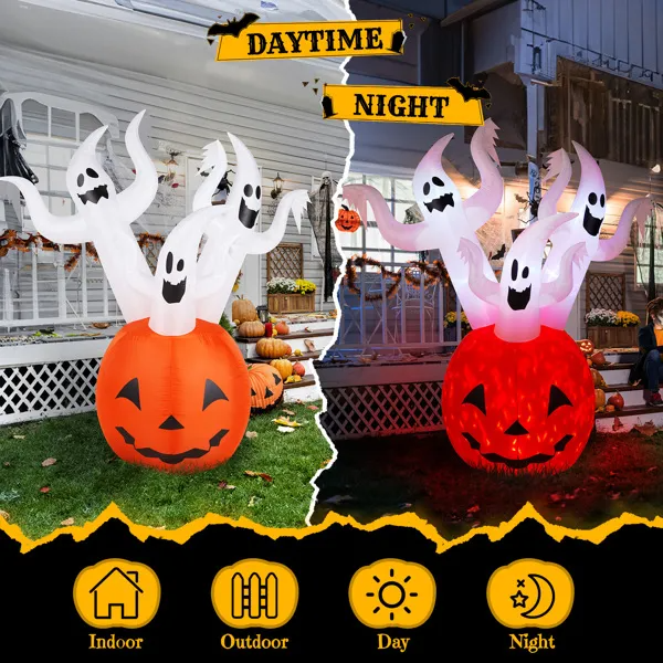 5.9 FT Halloween Inflatable Pumpkin Ghost Outdoor Decorations, Scary Blow Up Yard Decor With Built-in LED Lights For Hol
