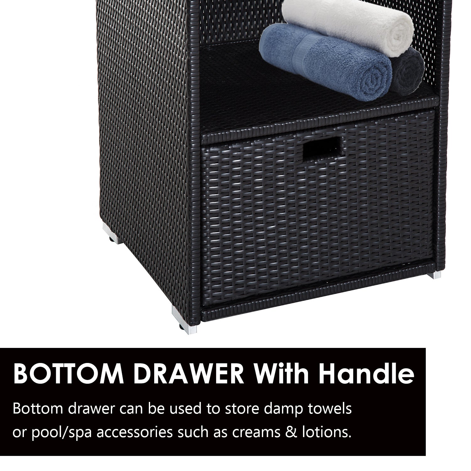 Poolside Towel Cabinet, Rattan Wicker With Storage,2-Tier Shelves And Bottom Drawer, For Pool, Patio Backyard, 47", Dark
