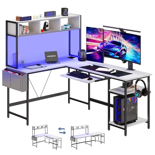 L Shaped Gaming Desk 67, Reversible Computer Desks With Led Lights Corner Table With Keyboard Tray Side Bag Storage Shel