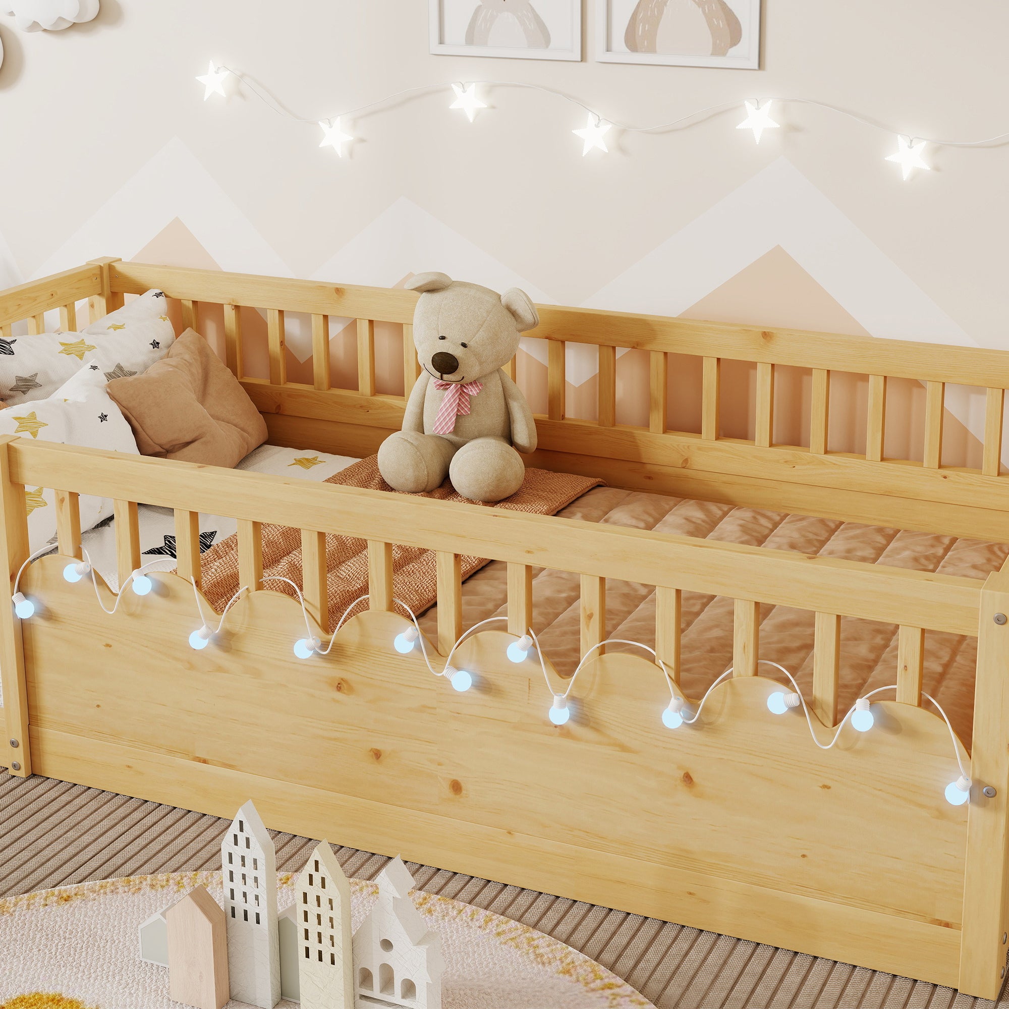 Twin Montessori Floor Bed Frame With High Rails, Wood Kids Floor Beds With Light And Storage Shelf, Natural Expect Arriv