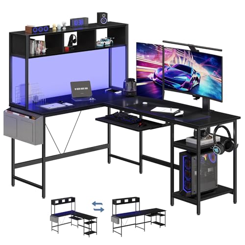 L Shaped Gaming Desk 67, Reversible Computer Desks With Led Lights Corner Table With Keyboard Tray Side Bag Storage Shel