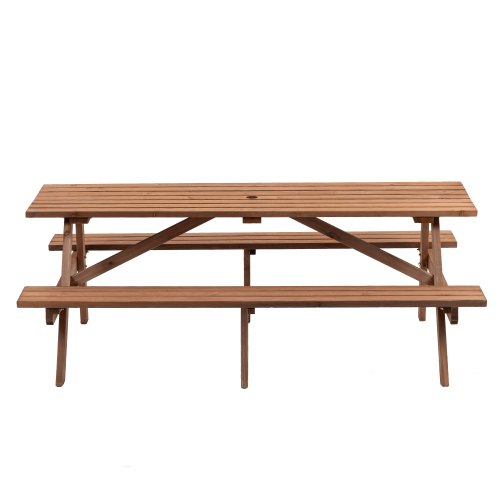 8 Person Brown Wooden Picnic Table, Outdoor Camping Dining Table With 2 Seats, Garden, DIY With 2 Built-in Benches, 2220