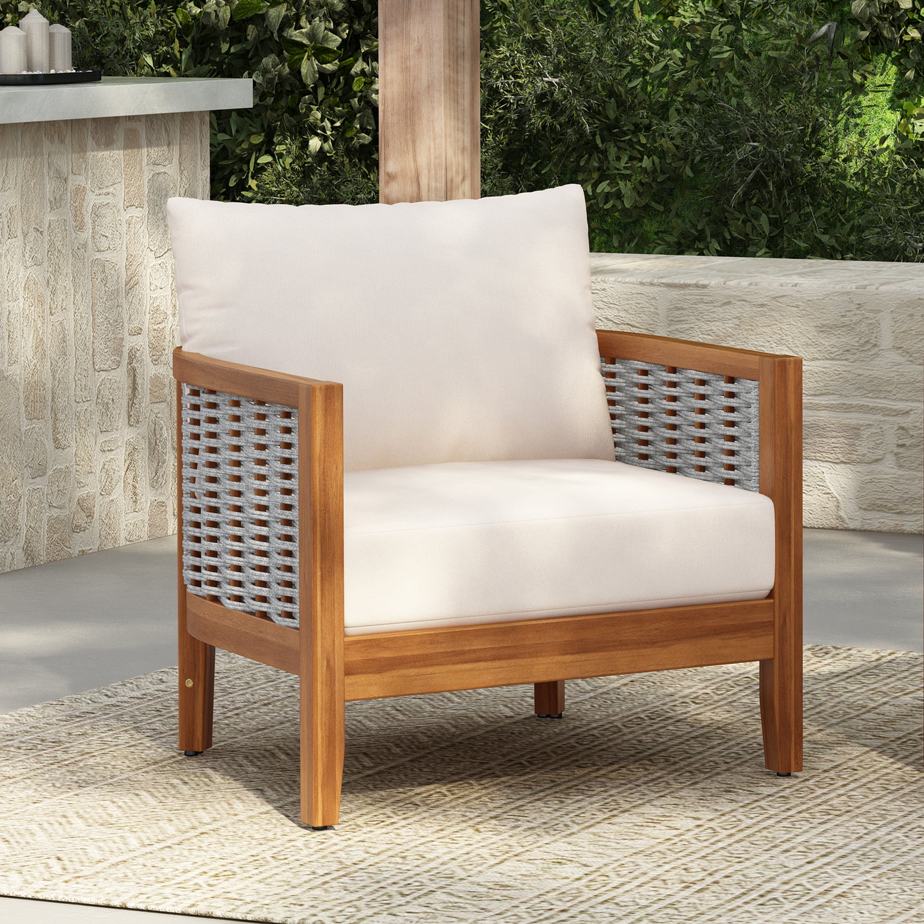 Outdoor Unique Tub Design Armchair With Woven Rope, Patio Furniture Acacia Wood Chair,  Deep Seating With Soft Cushions