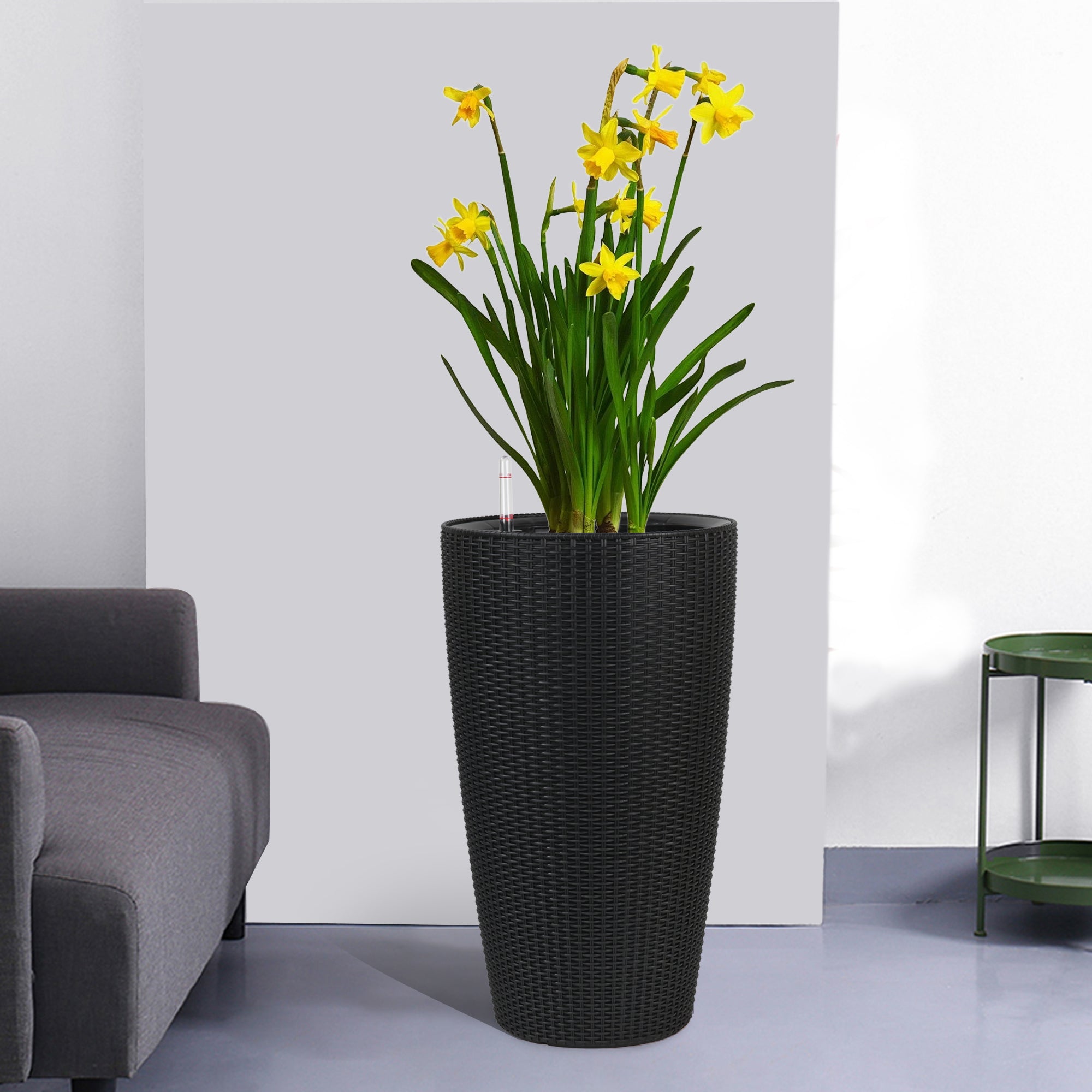 Set Of 2 Faux Rattan Tall Planters Outdoor Indoor Large Planters With Water Level Monitor Inner Bucket, Automatic Wateri