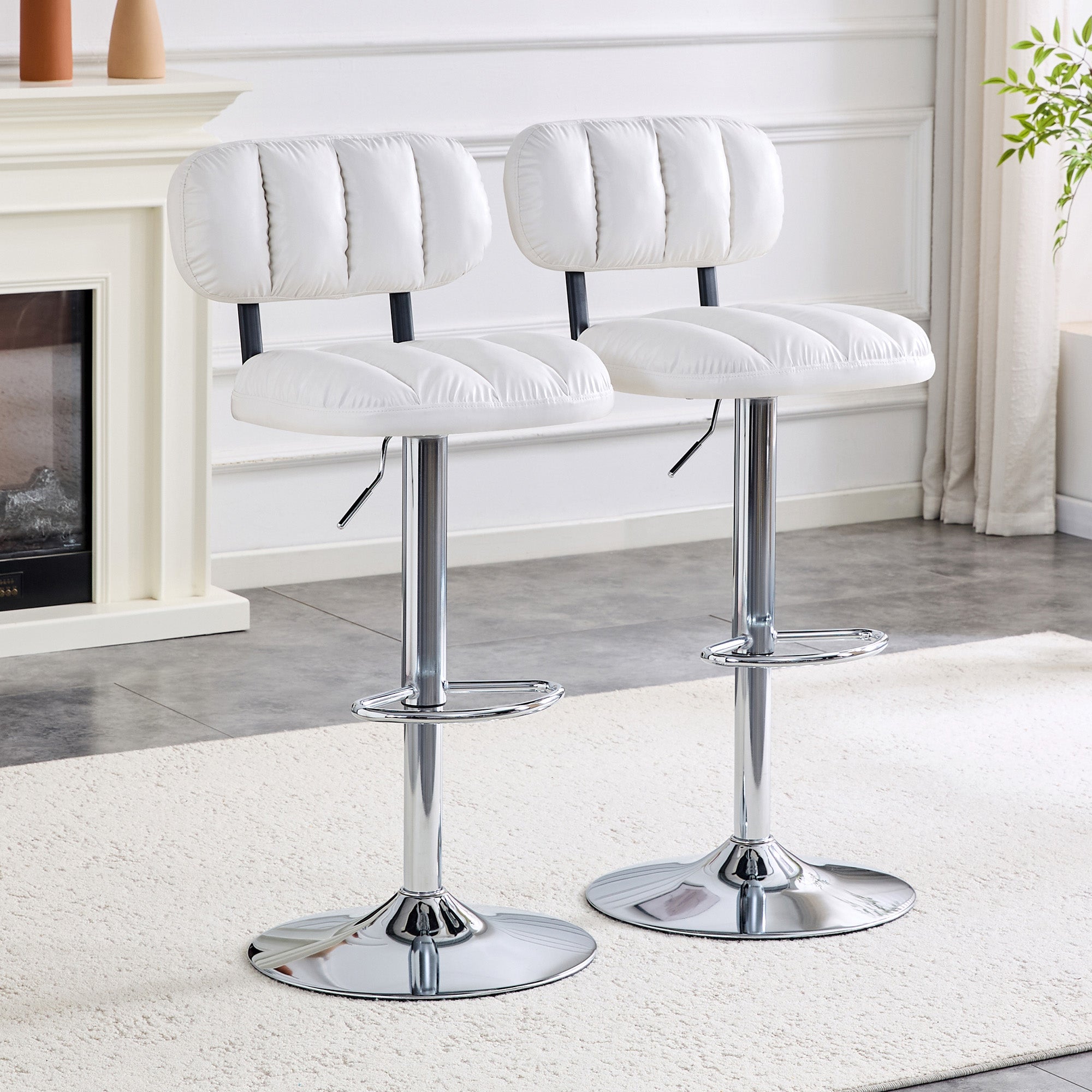 Set Of 2 Adjustable Height Bar Stools, White PU Leather Upholstered With Chrome Base & Footrest, Modern Comfort Stools F
