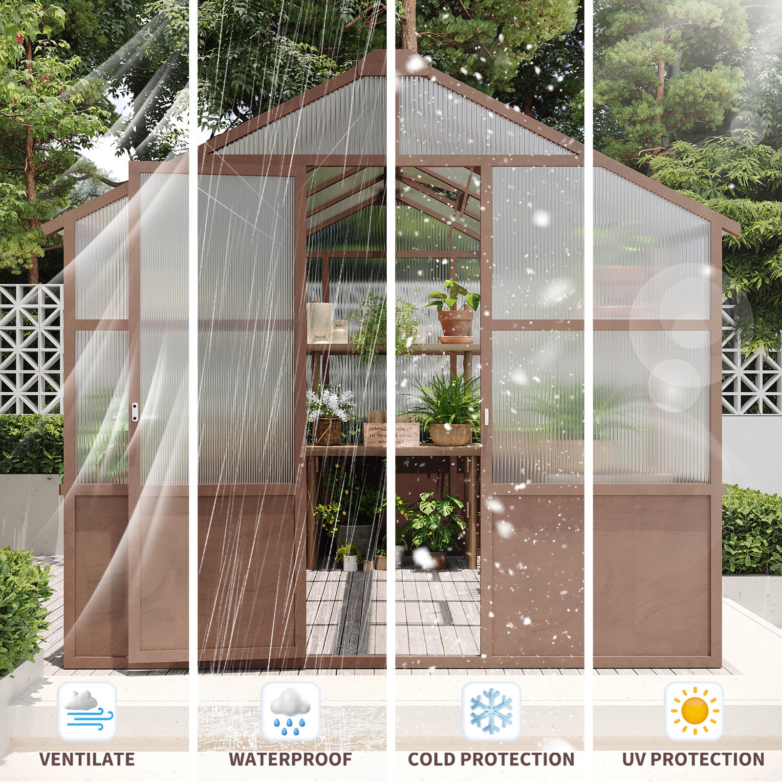 8x10 FT Greenhouse Kit, Wood Greenhouses With 6MM Polycarbonate Panel, Green House With Adjustable Vent & Lockable Door, Walk-in Greenhouse For Outside, Garden,