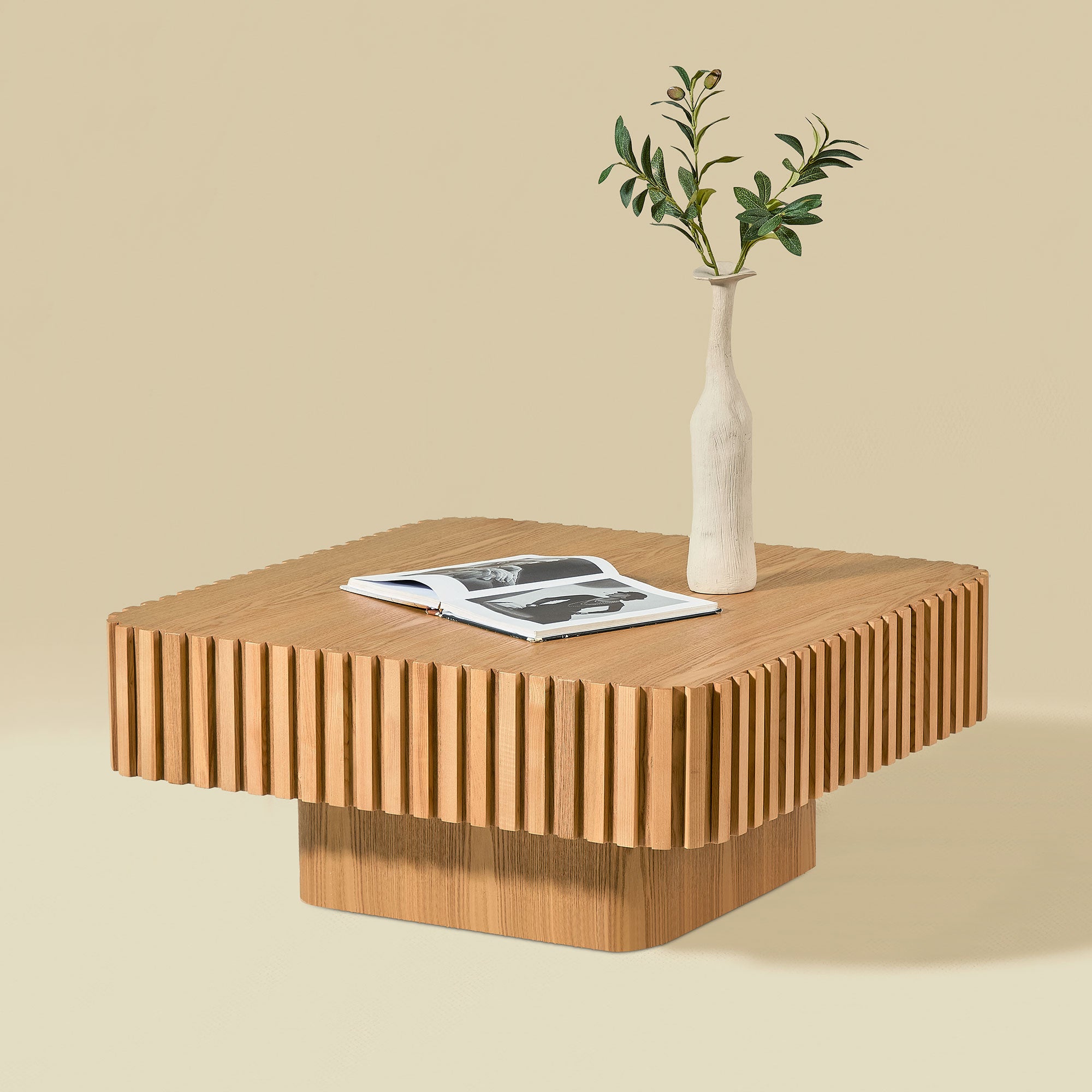 31.5 Inch Modern Handcraft Drum Coffee Table Square Coffee Table For Living Room,Small Wooden Coffee Table With Sturdy MDF Pedesta,Natural Color