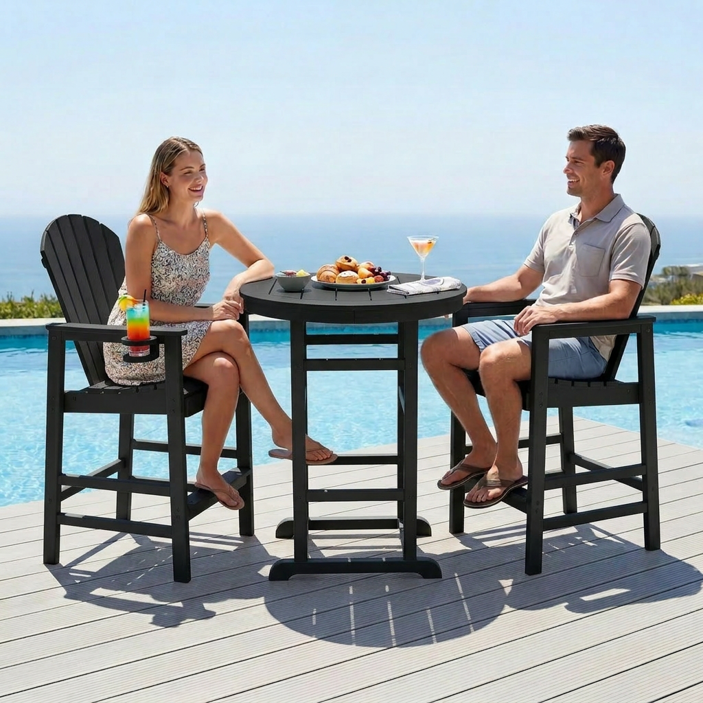 3-Piece Black HDPE Indoor Outdoor Bar Height Bistro Set, 31.1  Round Pub Table With 2 Bar Stools, All-Weather Patio Furn