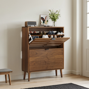 Medieval Modern Independent Shoe Cabinet, 31.5-inch Walnut Shoe Storage Cabinet,, Fence Shoe Cabinet With 2 Flip Drawers, Suitable For Corridors And Entrances