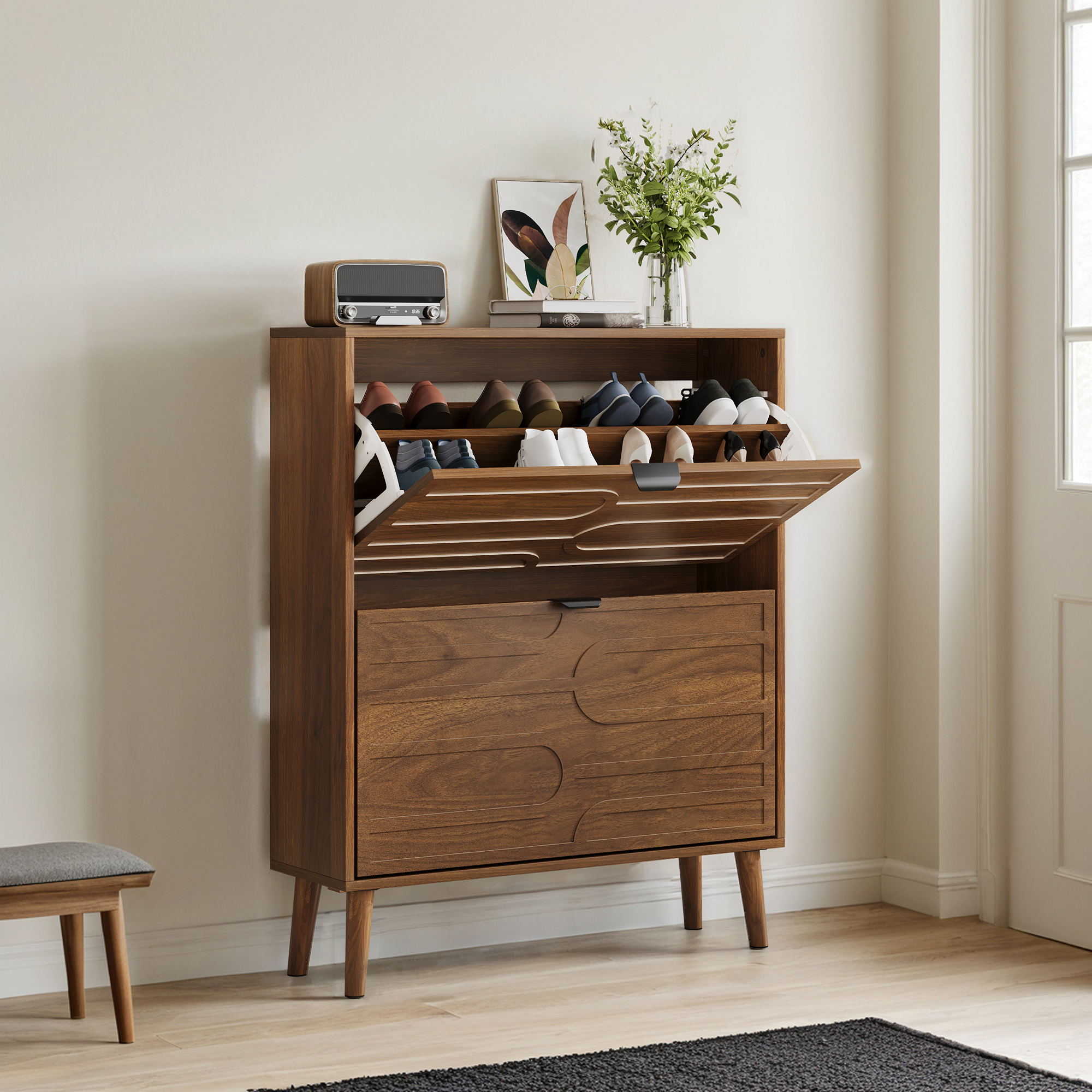 Medieval Modern Independent Shoe Cabinet, 31.5-inch Walnut Shoe Storage Cabinet,, Fence Shoe Cabinet With 2 Flip Drawers, Suitable For Corridors And Entrances