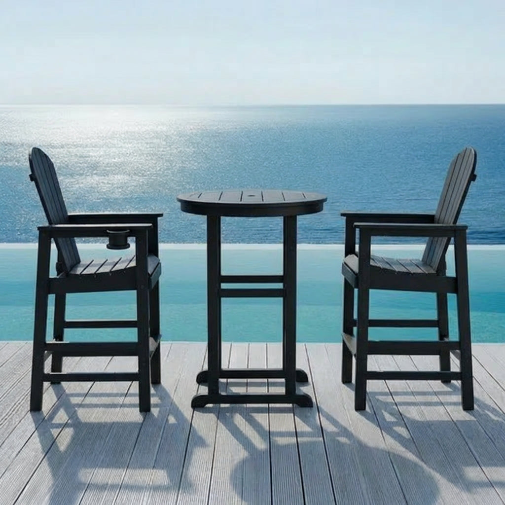 3-Piece Black HDPE Indoor Outdoor Bar Height Bistro Set, 31.1  Round Pub Table With 2 Bar Stools, All-Weather Patio Furn