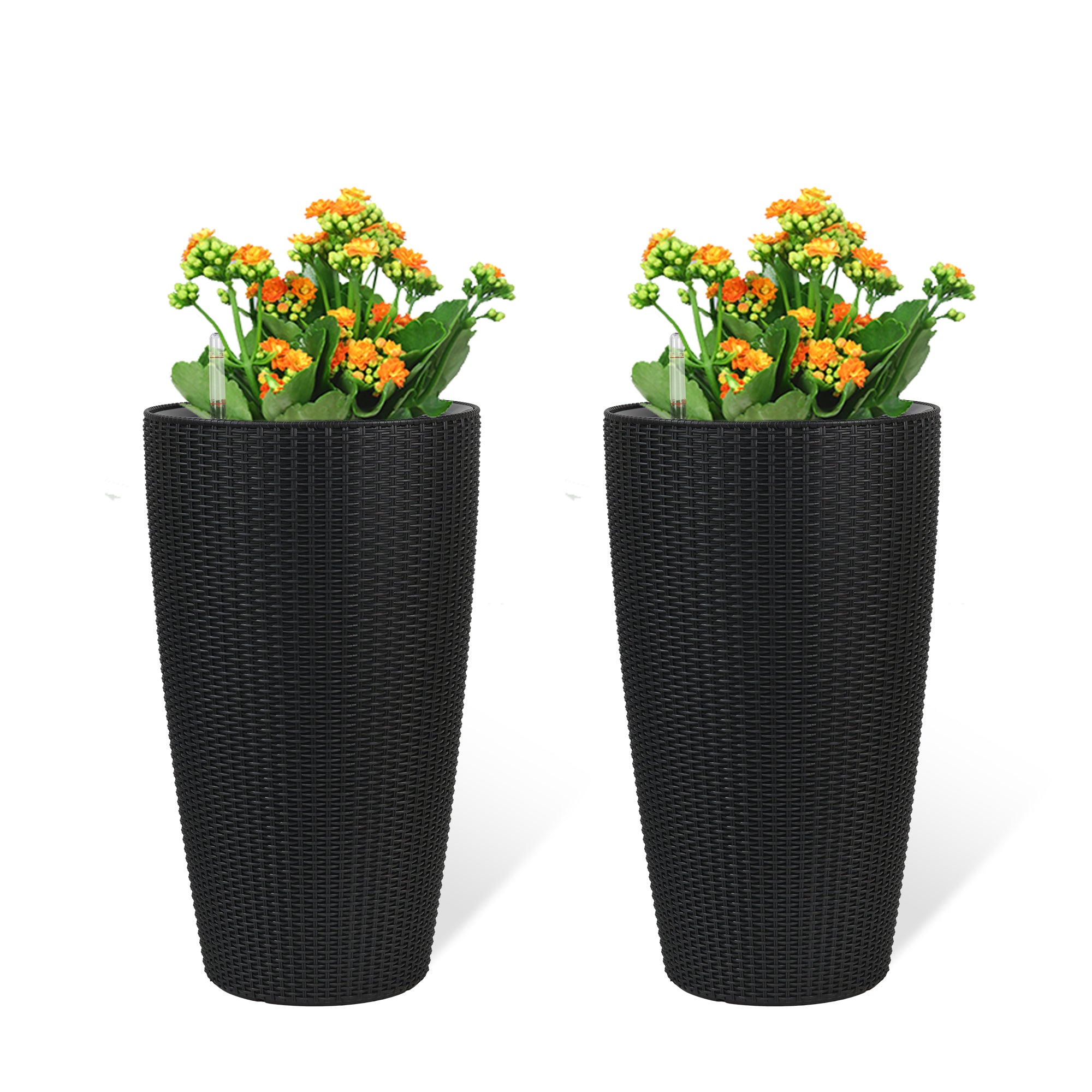 Set Of 2 Faux Rattan Tall Planters Outdoor Indoor Large Planters With Water Level Monitor Inner Bucket, Automatic Wateri