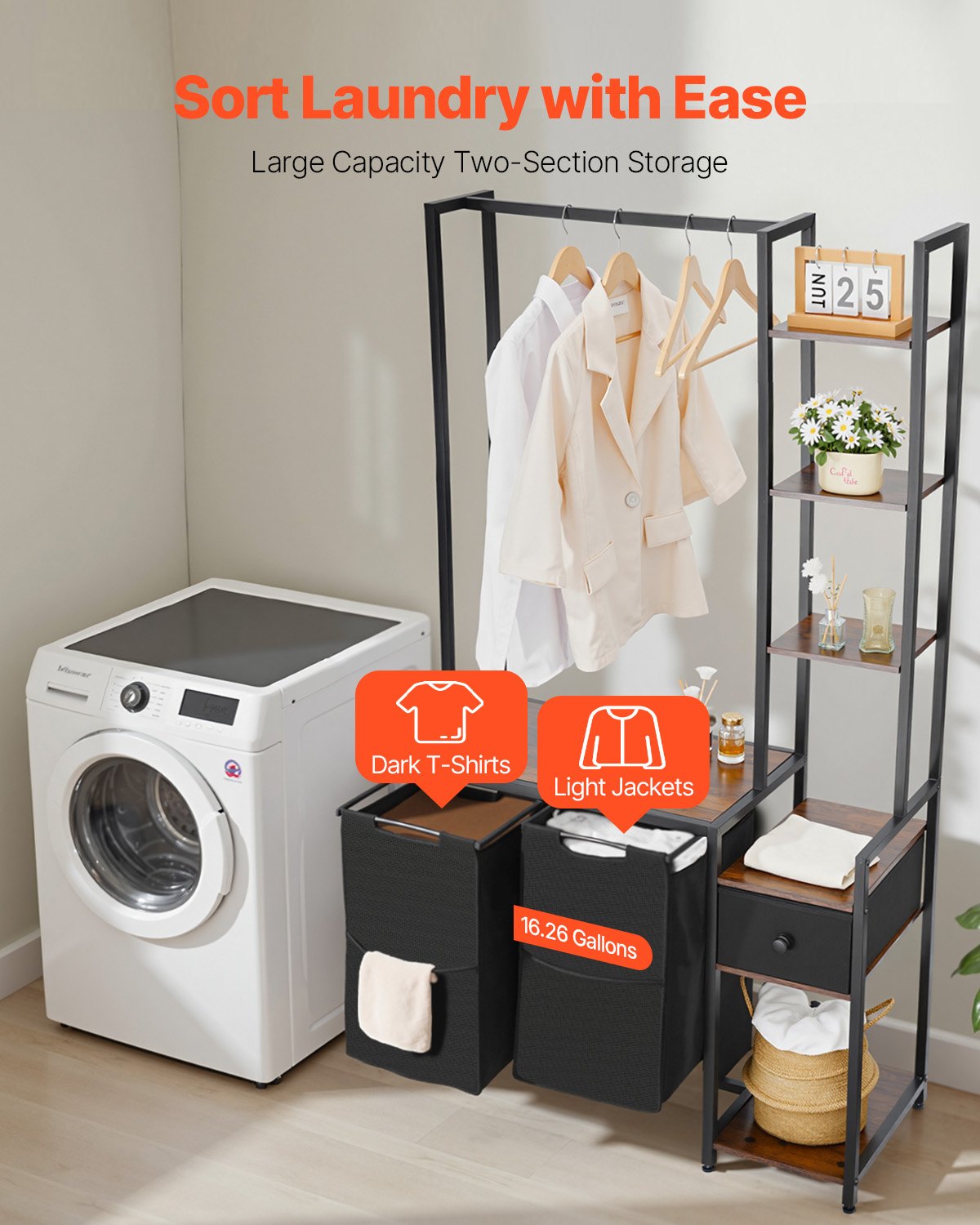 3 Tiers Laundry Sorter With Rack, Tall Laundry Hamper With Shelves And Drawers, 2 Section Freestanding Hanging Rack Stor