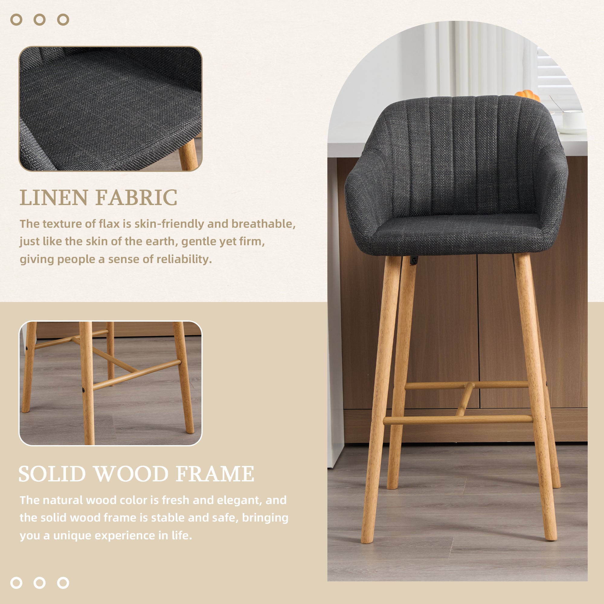 Modern Bar Stools Set Of 2, Kitchen Island Tall Chairs With Back, Arm, Footrest And Solid Wood Leg, Linen Fabric Upholst