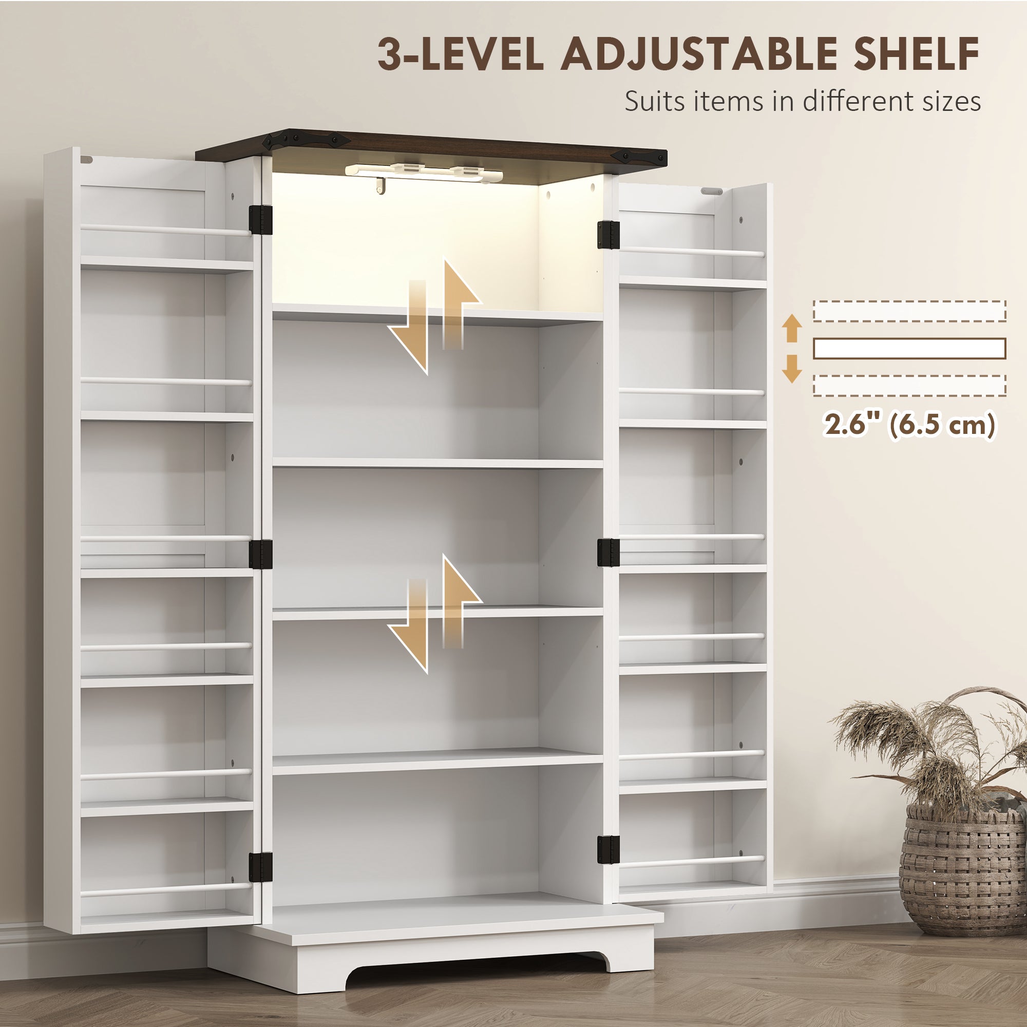47" Kitchen Cabinet with Sensing LED Light, Kitchen Pantry Cabinet with Doors, Adjustable Shelves, Door Shelves, White