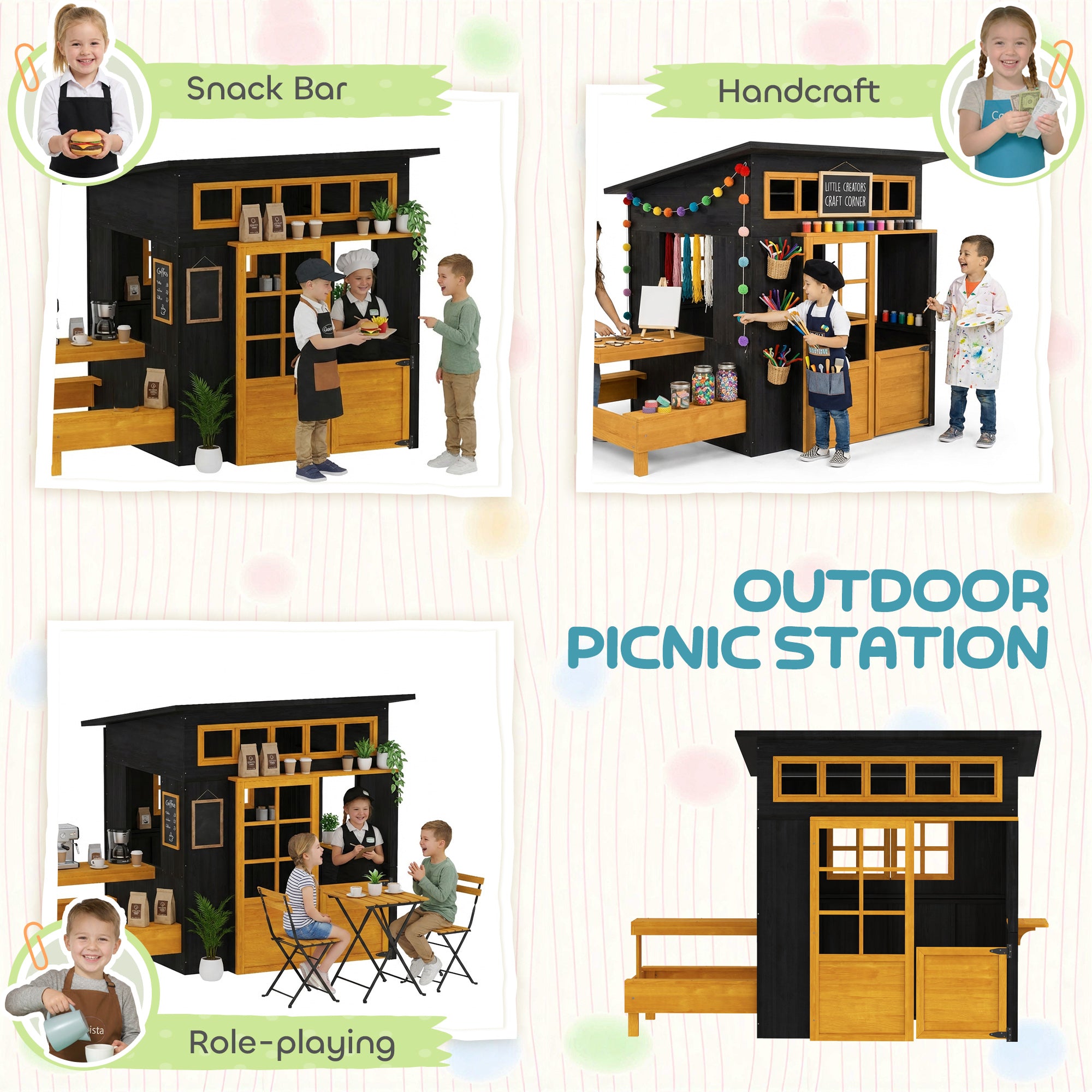 Outdoor Playhouse, Wooden Kids Playhouse W/ Picnic Table & Benches