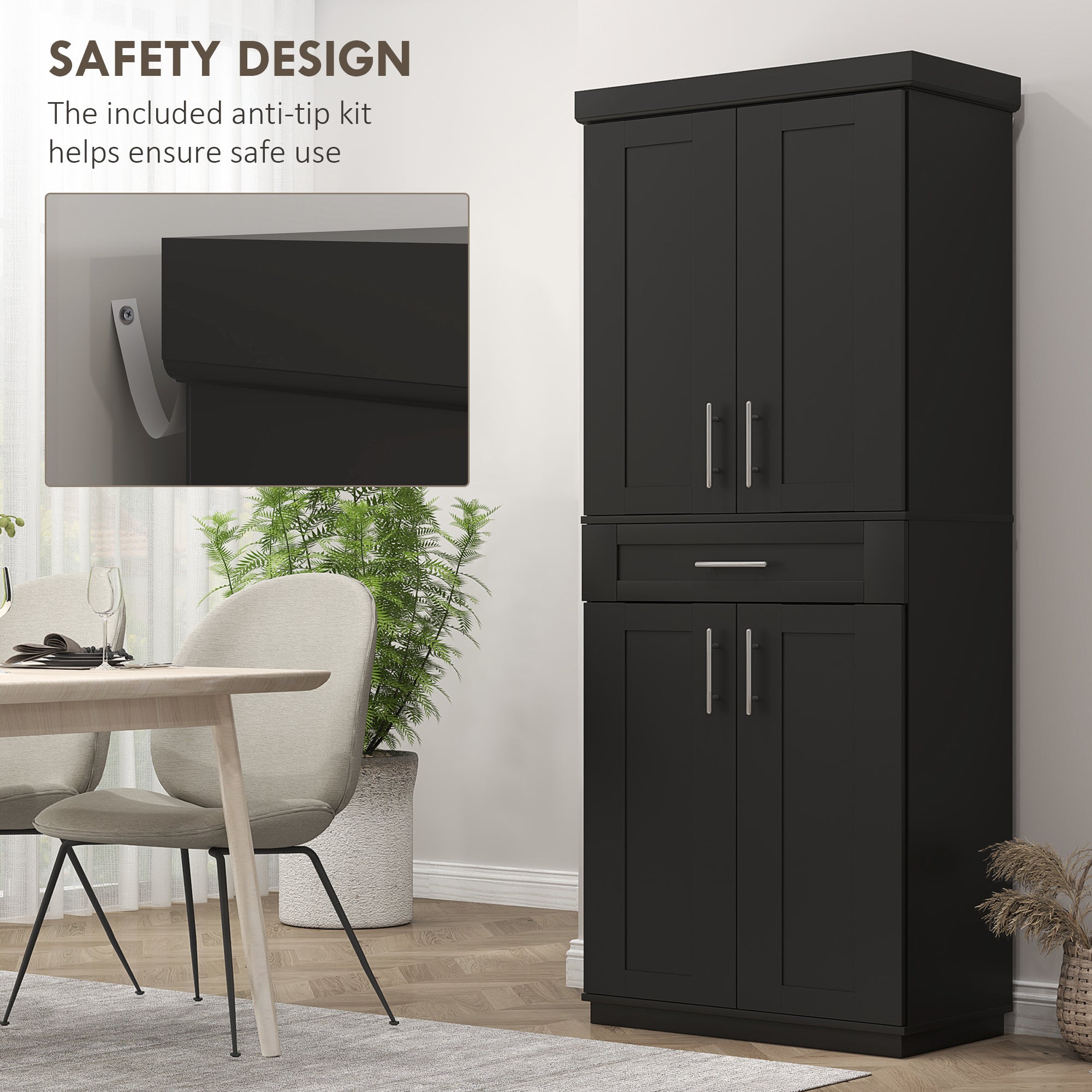 Modern Kitchen Pantry Freestanding Cabinet Cupboard with Doors and Drawer, Adjustable Shelving, Black