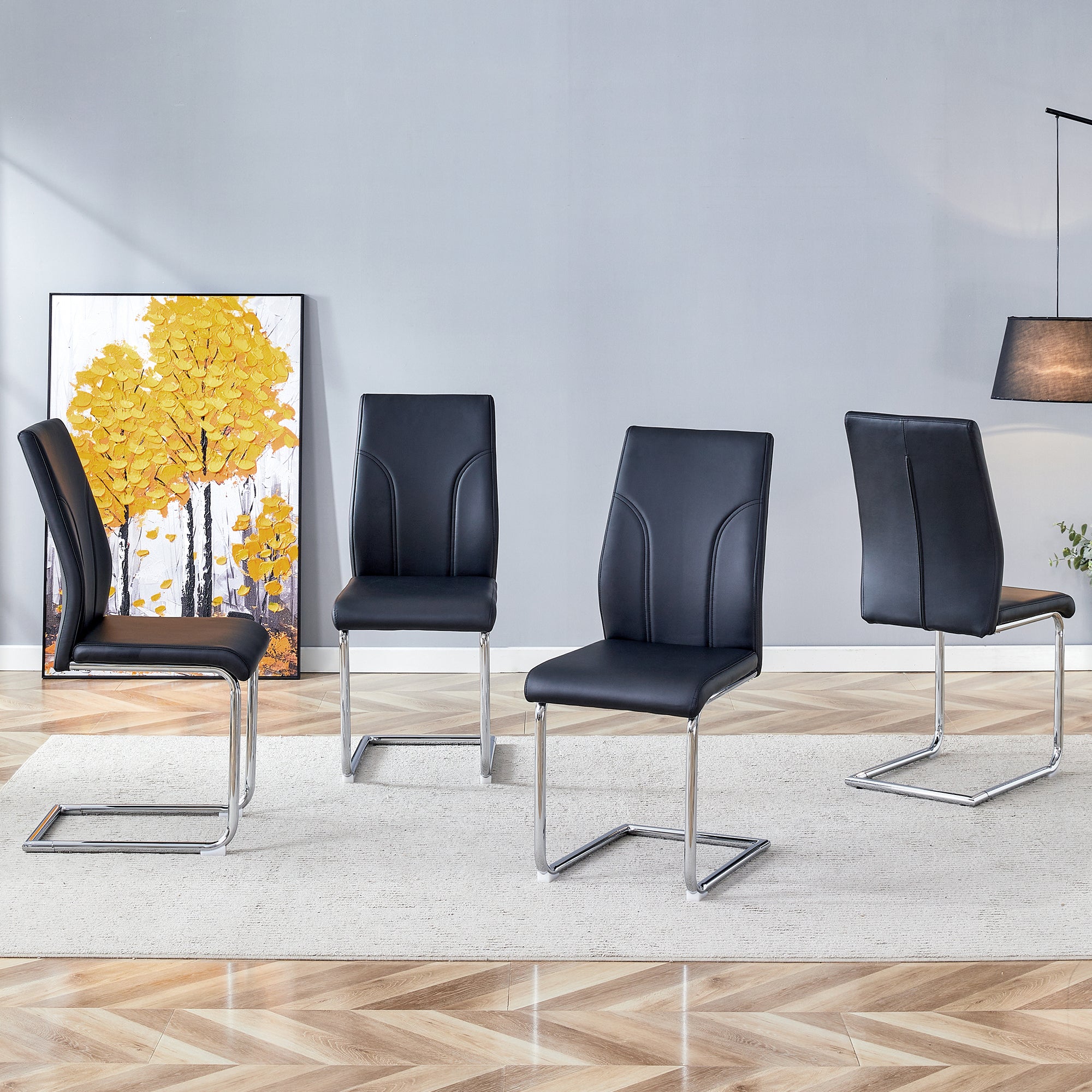 4 Dining Chair Set, Black Dining Chair Set, PU Material High Back Seat And Sturdy Leg Chair, Suitable For Dining Room, K