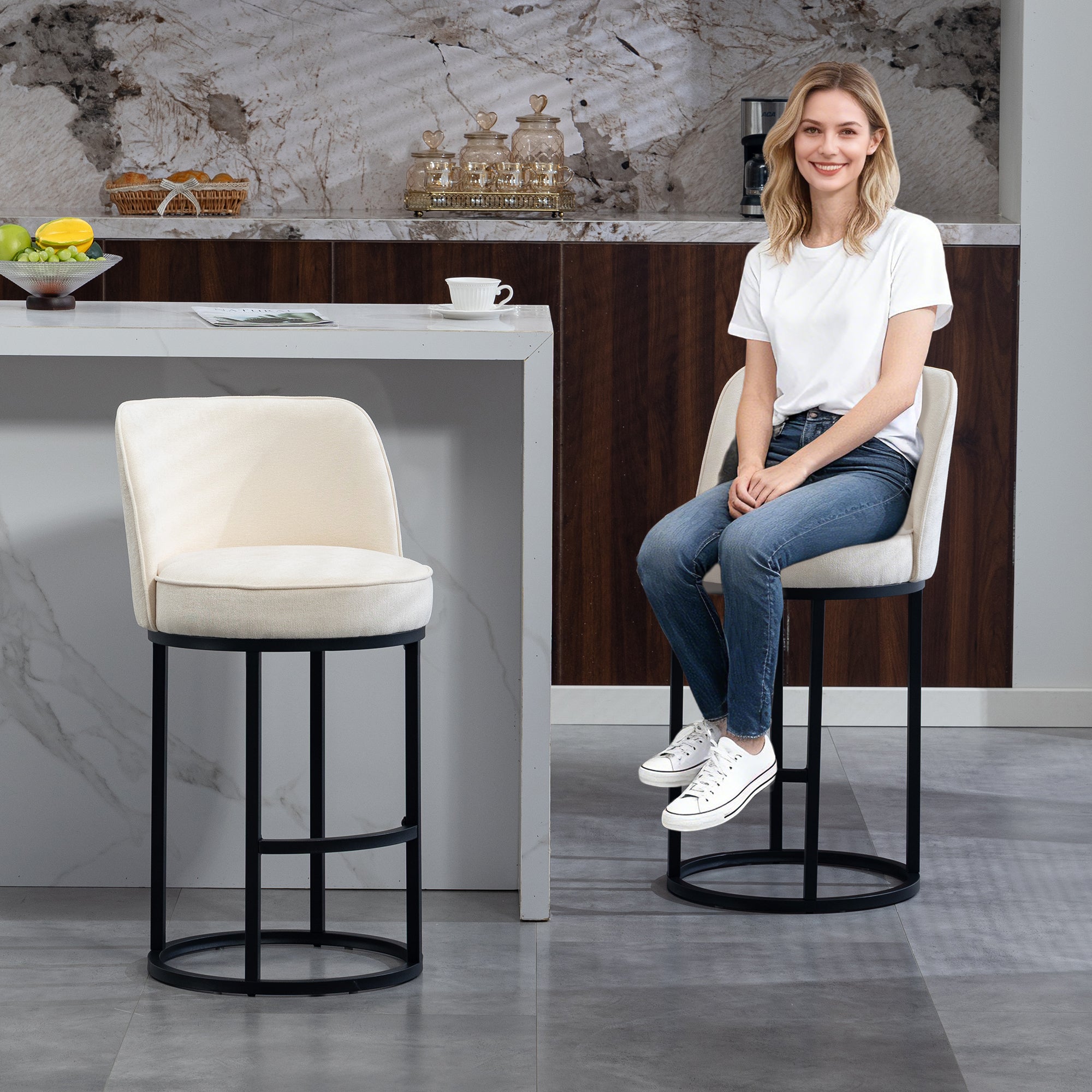 Counter Height Bar Stools Set Of 2, Modern Barrel Counter Stools With Backrest, Linen Fabric Upholstered Accent Bar Stoo