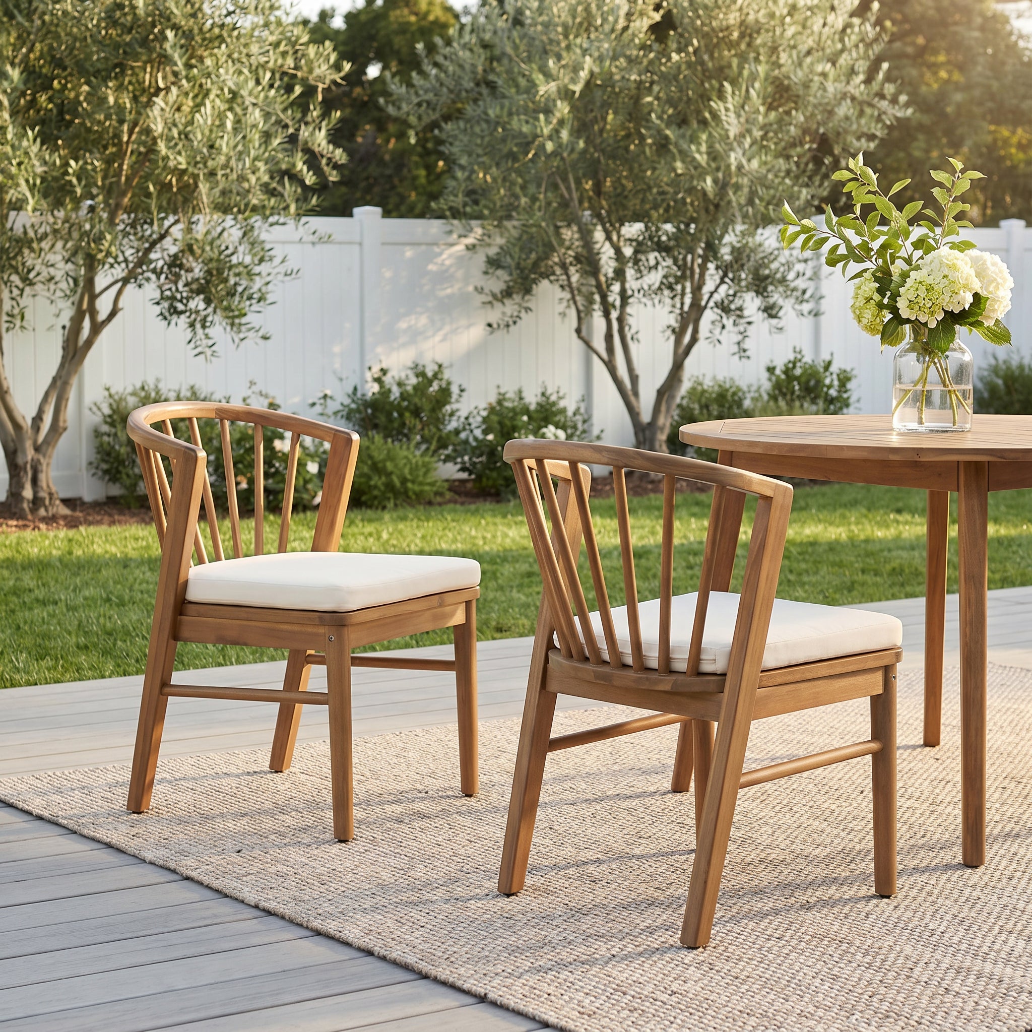 Outdoor Dining Chairs Set Of 2, Acacia Wood Patio Chairs With Cream Washable Cushion,for Backyard, Poolside, Garden,Teak