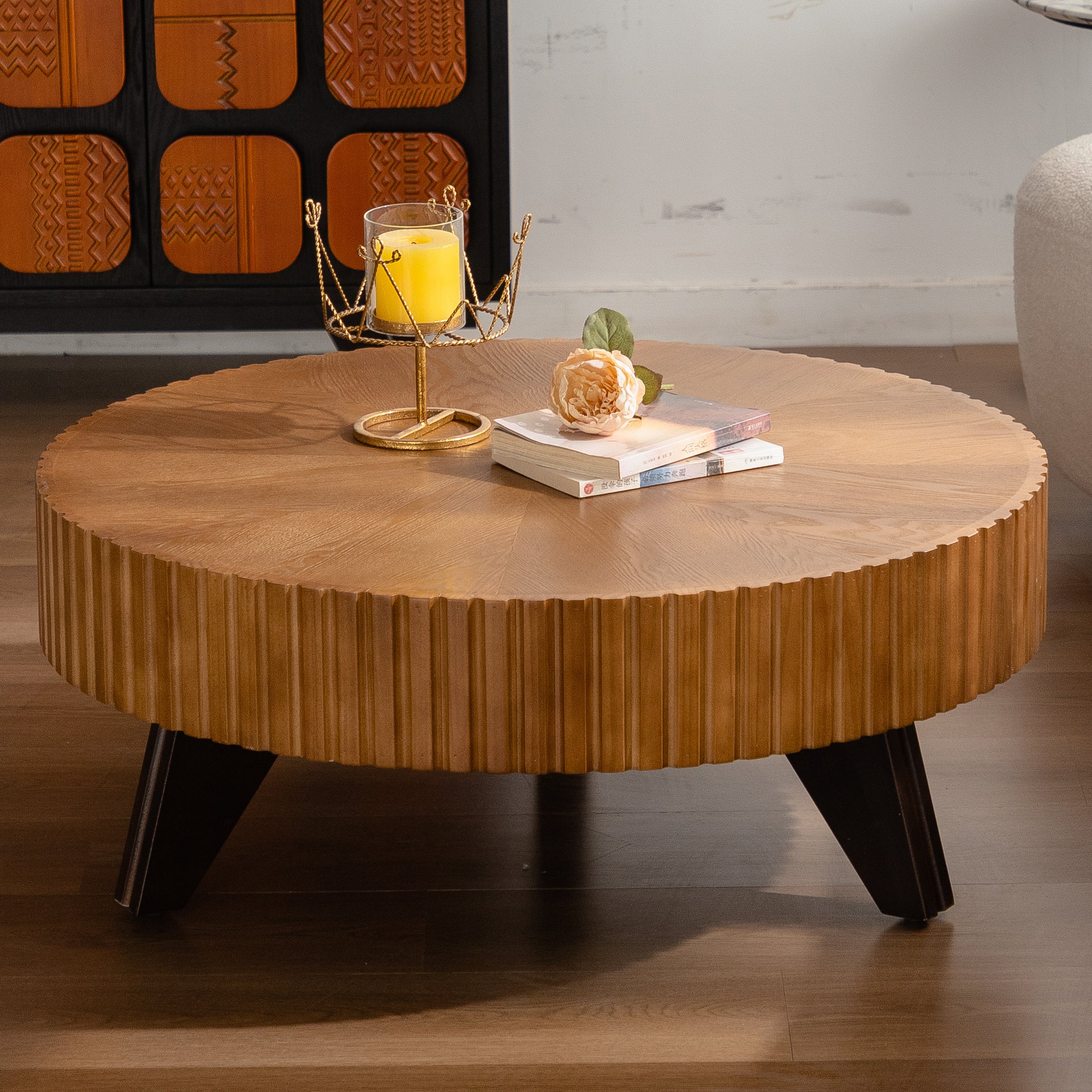 35.4 Round Retro Coffee Table, Coffee Table Suitable For Coffee And Home Decor, Natural