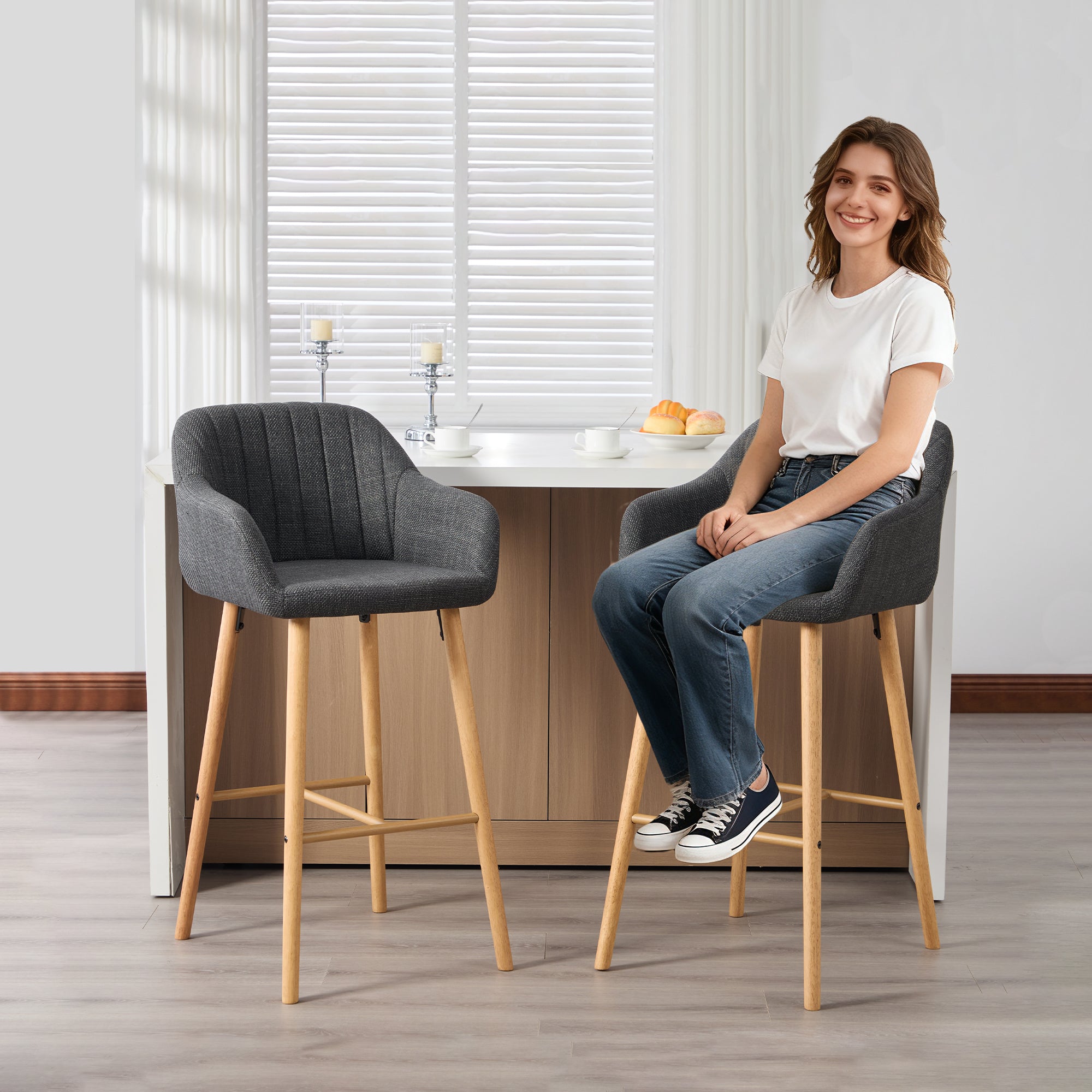 Modern Bar Stools Set Of 2, Kitchen Island Tall Chairs With Back, Arm, Footrest And Solid Wood Leg, Linen Fabric Upholst