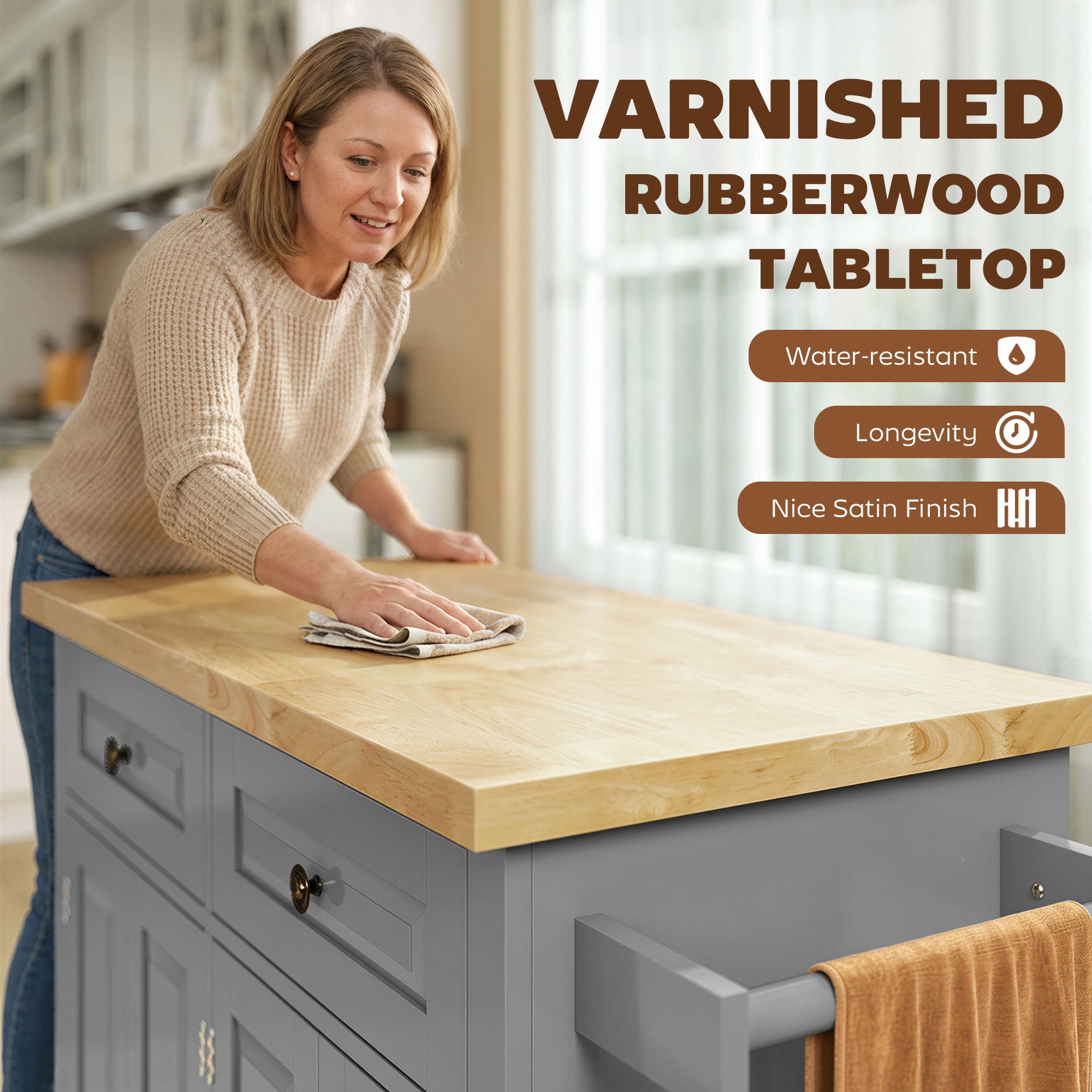Kitchen Island Cart with Rubber Wood Top, Rolling Kitchen Island Table on Wheels with Drawers, Adjustable Shelves, Spice