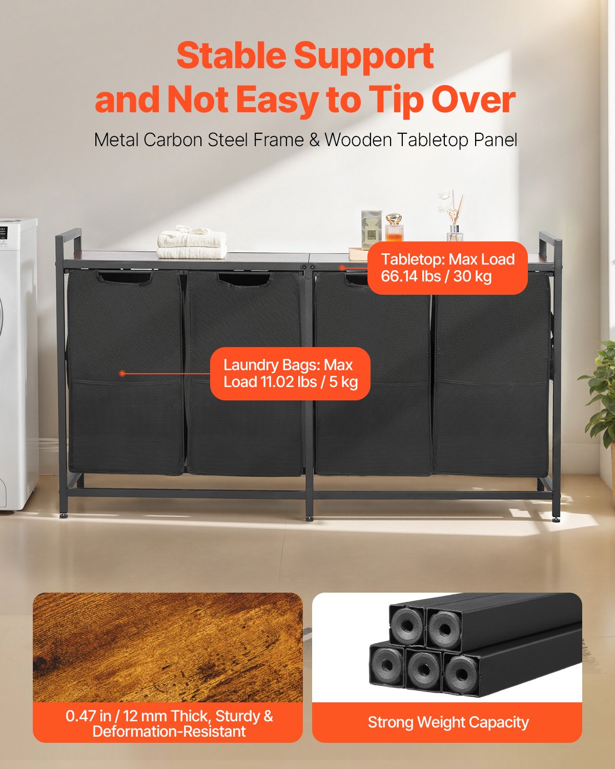 4 Section Laundry Sorter, Large Laundry Hamper With Metal Frame And Wooden Tabletop, Freestanding Storage Organizer Bask