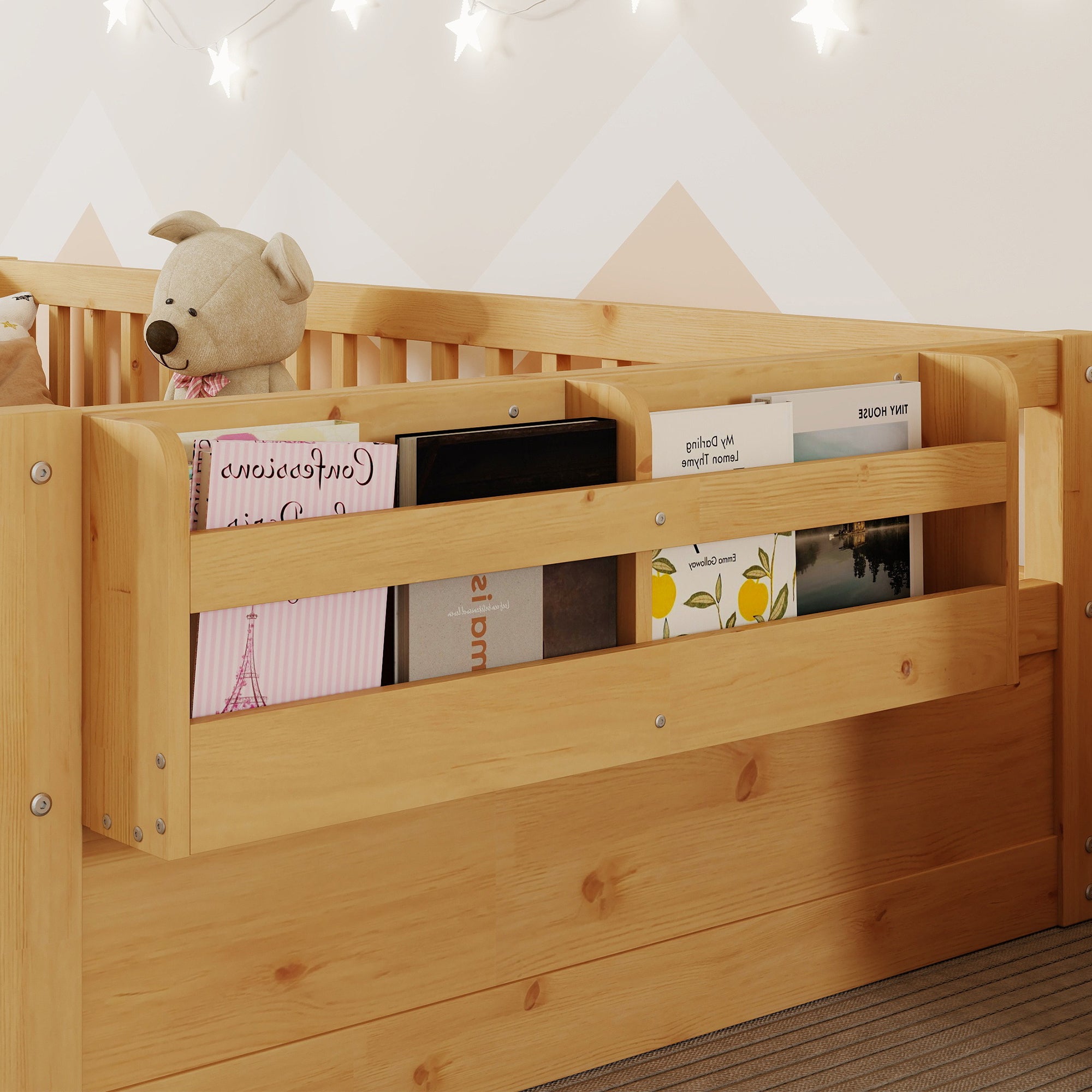 Twin Montessori Floor Bed Frame With High Rails, Wood Kids Floor Beds With Light And Storage Shelf, Natural Expect Arriv