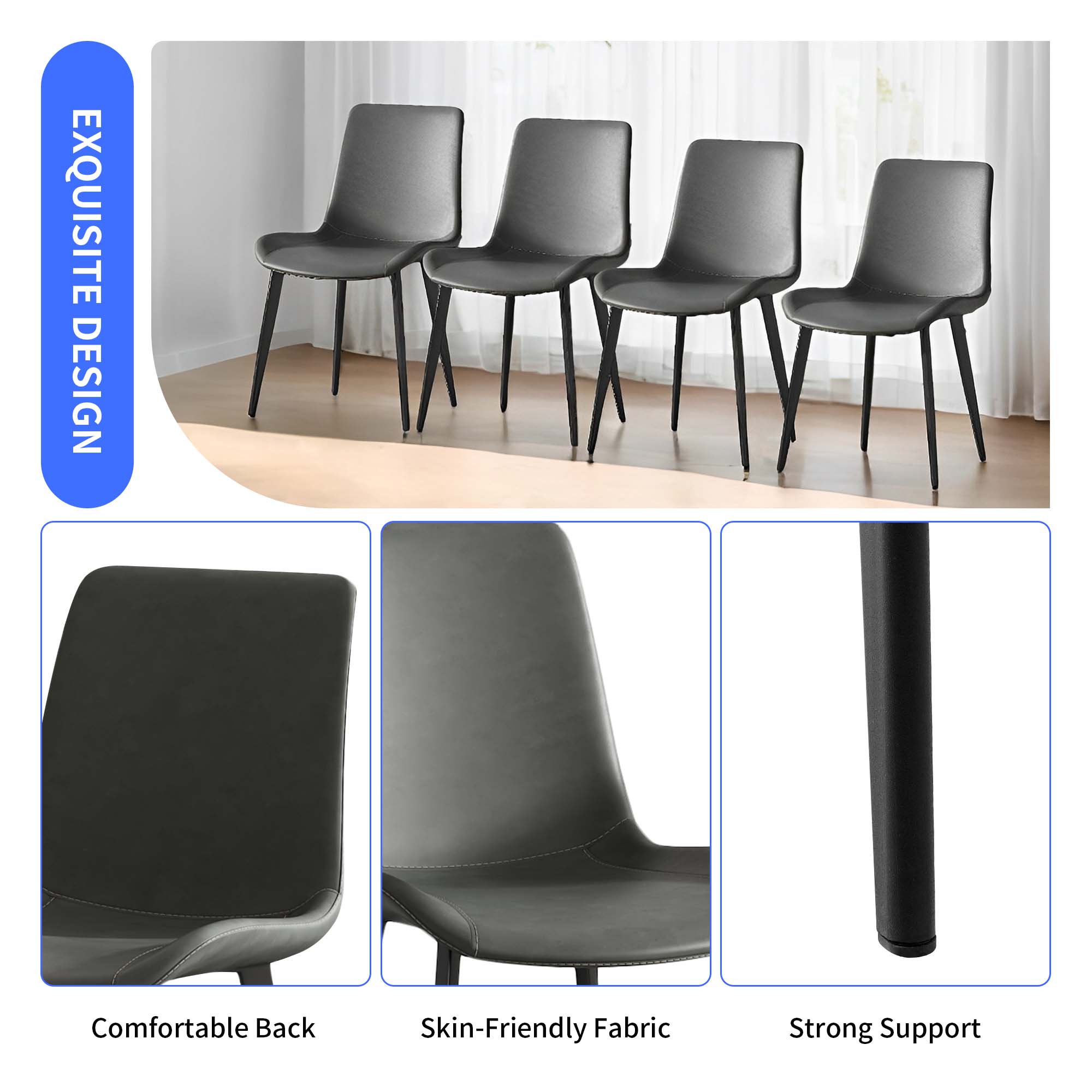 Dining Chairs 4PCS, Modern Kitchen & Dining Room Chairs, Upholstered Faux Leather Cushion Seat And Sturdy Metal Legs