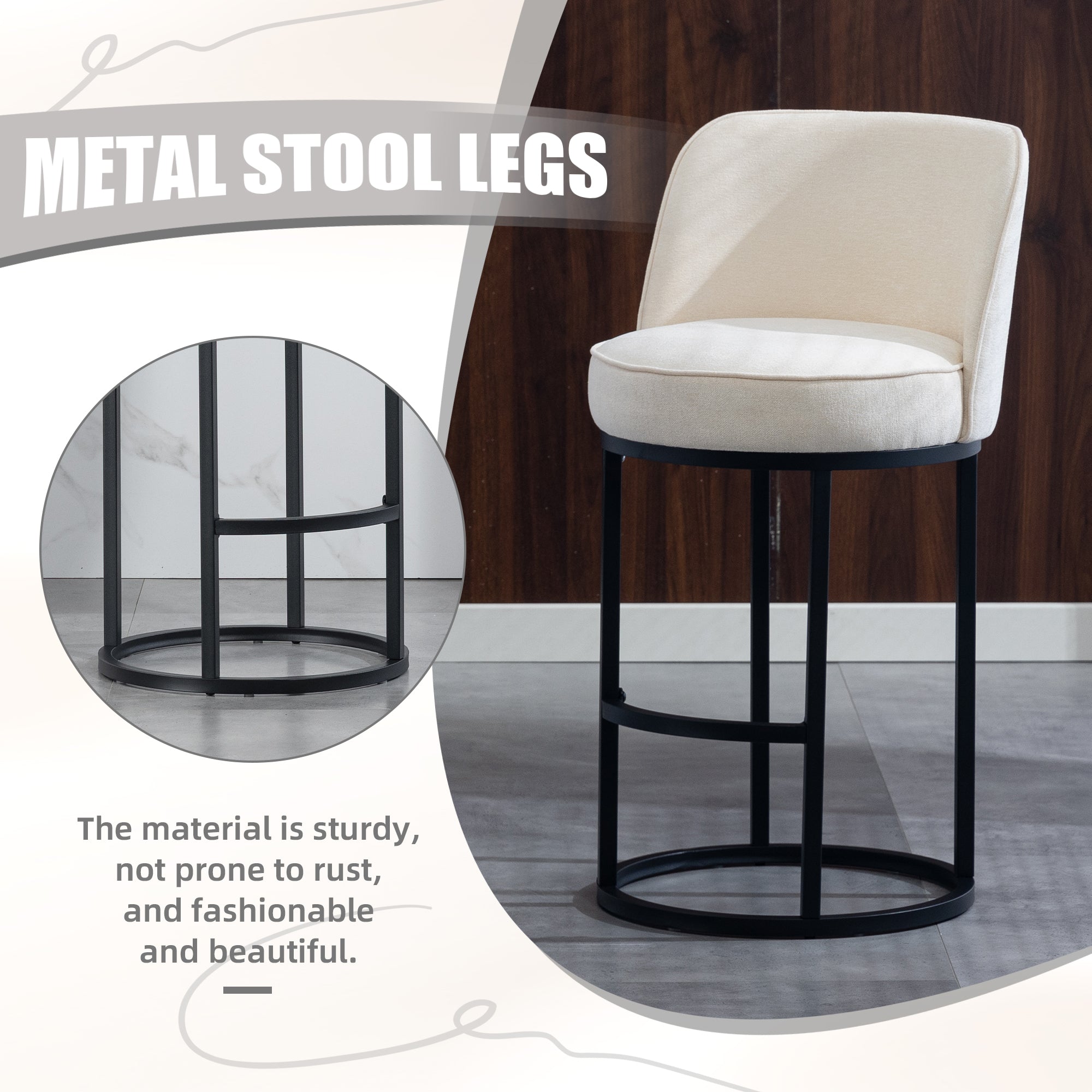 Counter Height Bar Stools Set Of 2, Modern Barrel Counter Stools With Backrest, Linen Fabric Upholstered Accent Bar Stoo