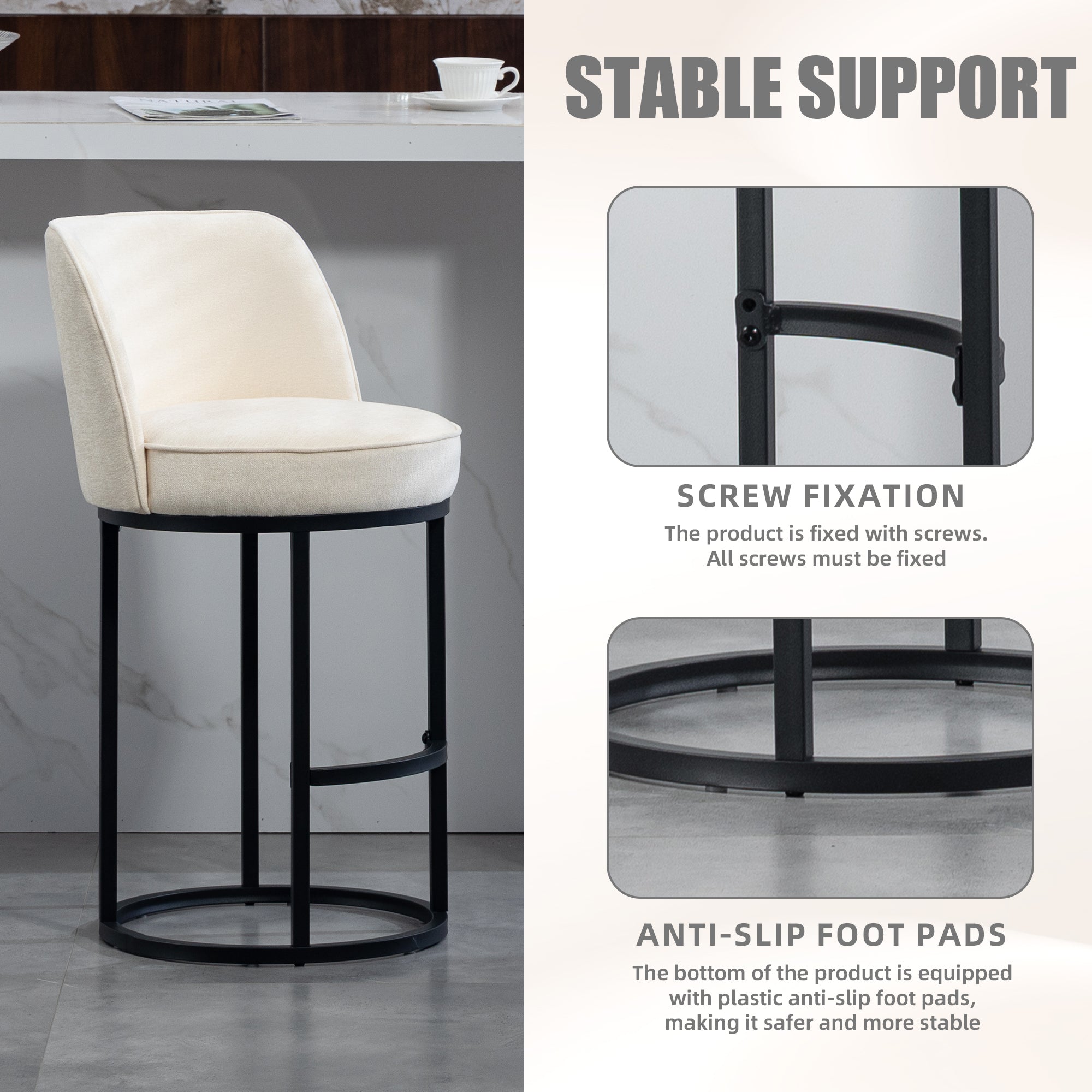 Counter Height Bar Stools Set Of 2, Modern Barrel Counter Stools With Backrest, Linen Fabric Upholstered Accent Bar Stoo