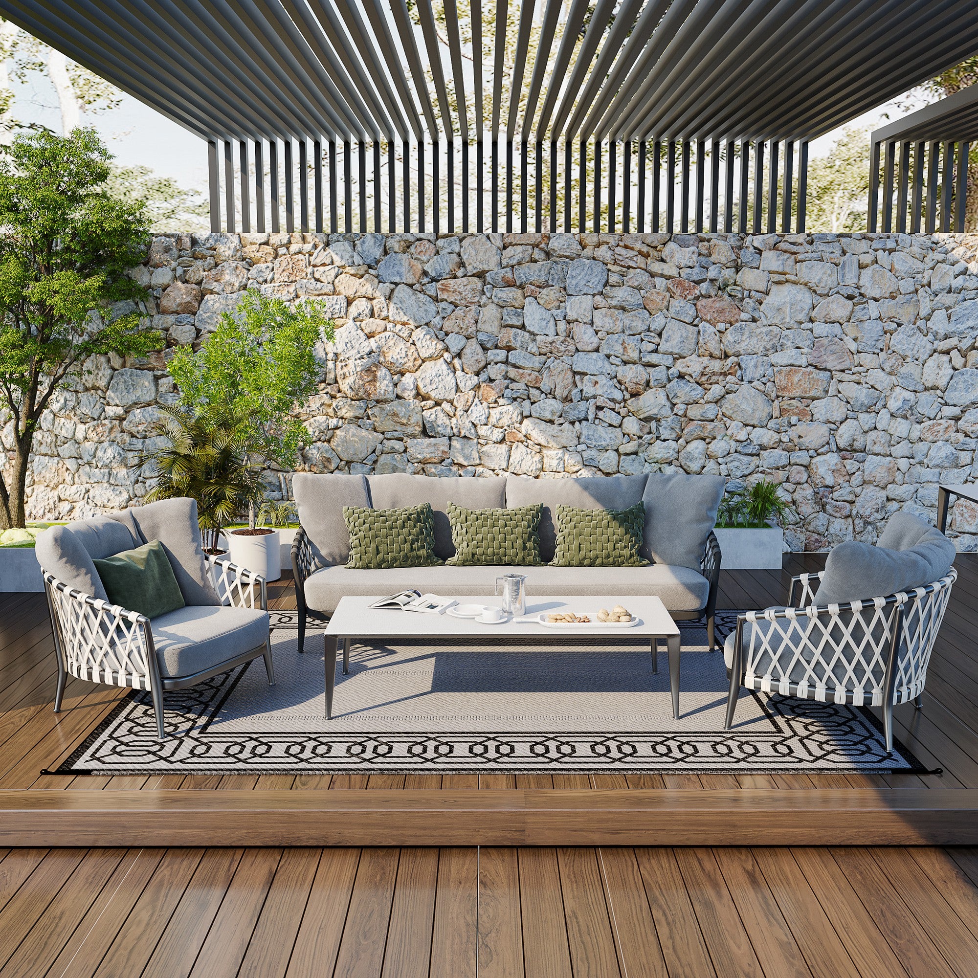Outdoor Rug for Patio, 9' x 12' Waterproof Large Mat, Reversible Plastic Straw Rug for Decor, Portable Outside RV Camping Area Carpet Mat for Backyard Porch Deck Picnic, Black & Gray Border
