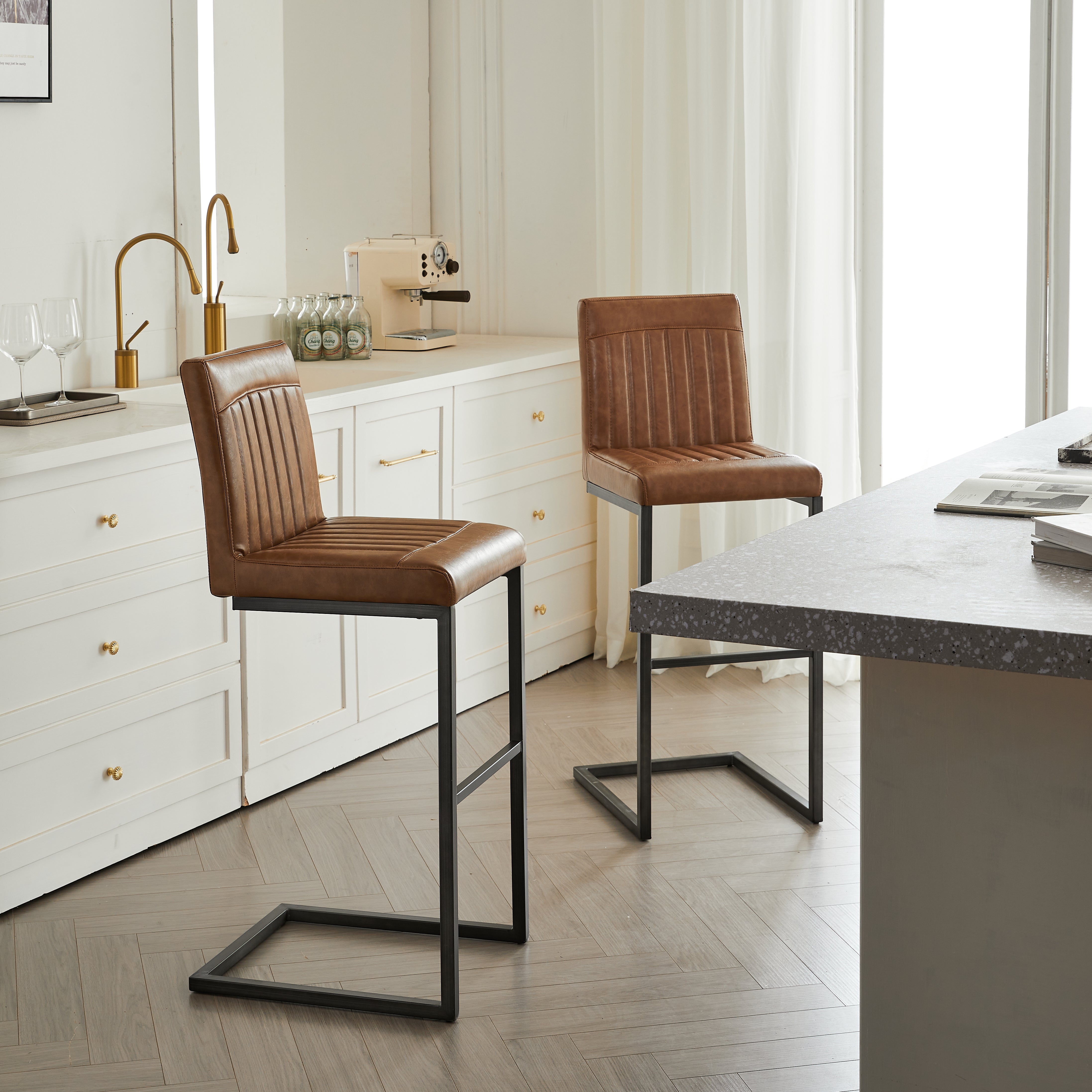 Back Brown Faux Leather Bar Stool  Sturdy Black Metal Frame & Padded Seat  Stylish Seating For Kitchen Island  Home Bar