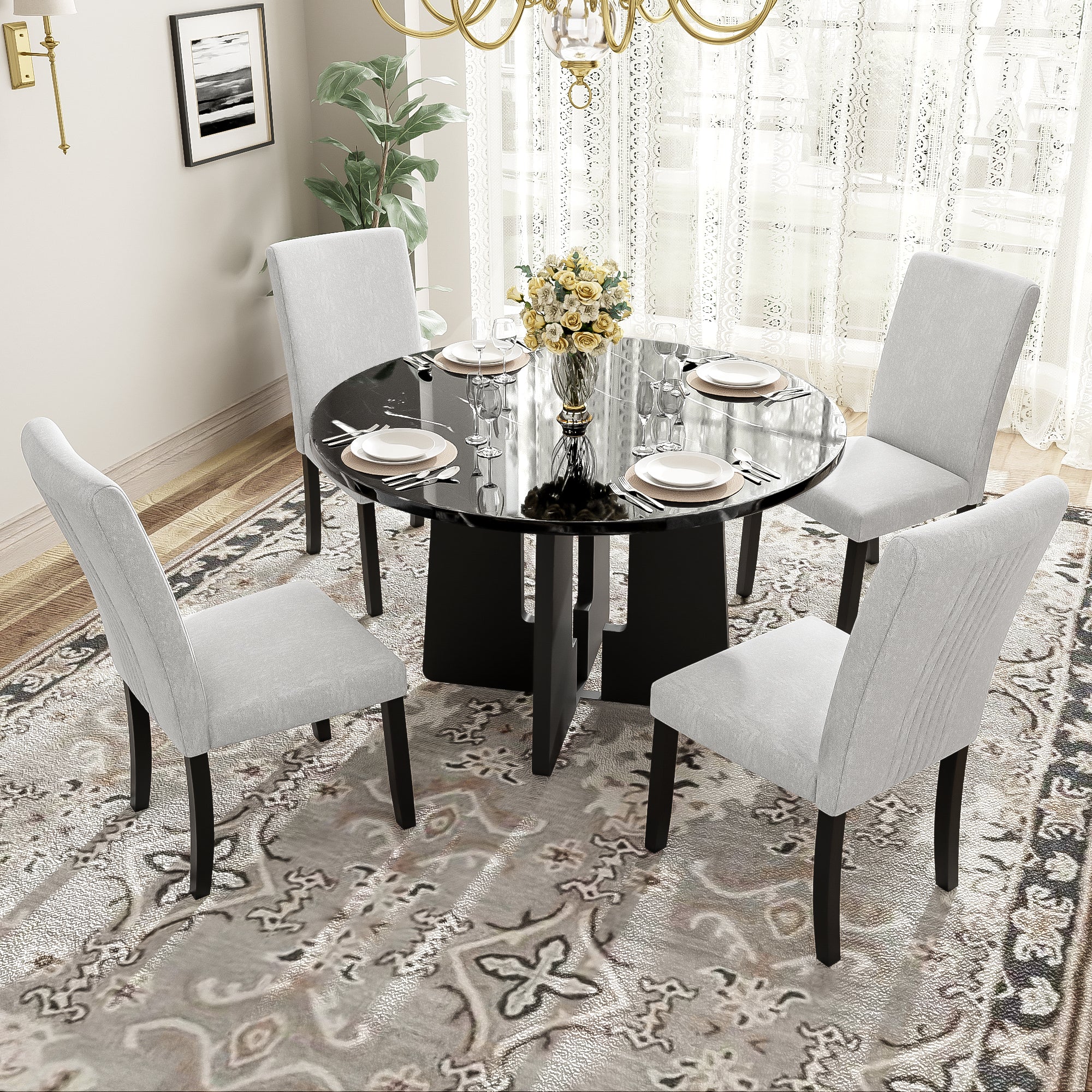 5-Piece Round Dining Table Set, 43-Inch Modern Dining Table And 4 Upholstered Chairs For Dining Room, Kitchen Room, Livi