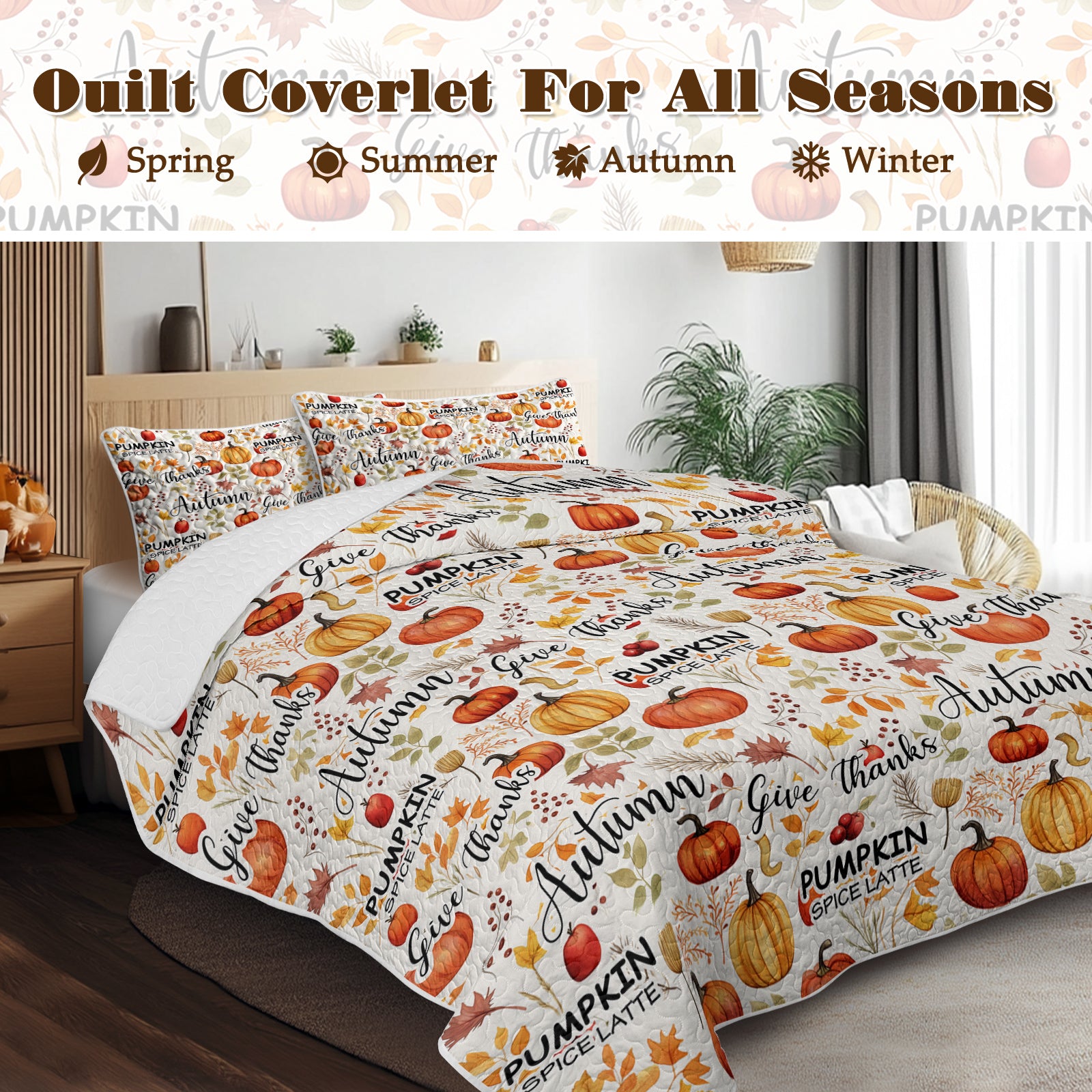 3pcs Pumpkin Autumn Leaves Design Quilt Set All Seasons Bedding Quilt Bed Set With 2 Pillowcases For Kids Teens Adults B