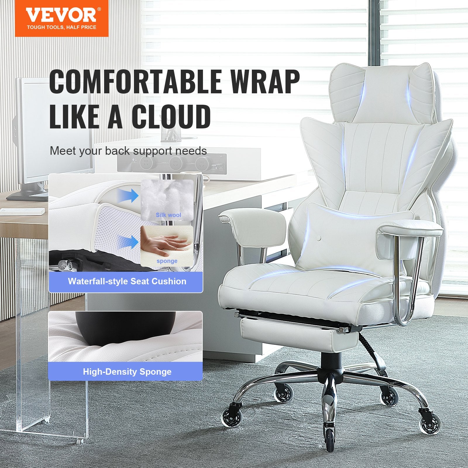 Reclining Office Chair With Footrest, Heavy Duty PU Leather Wide Office Chair, Big And Tall Executive Office Chairs With