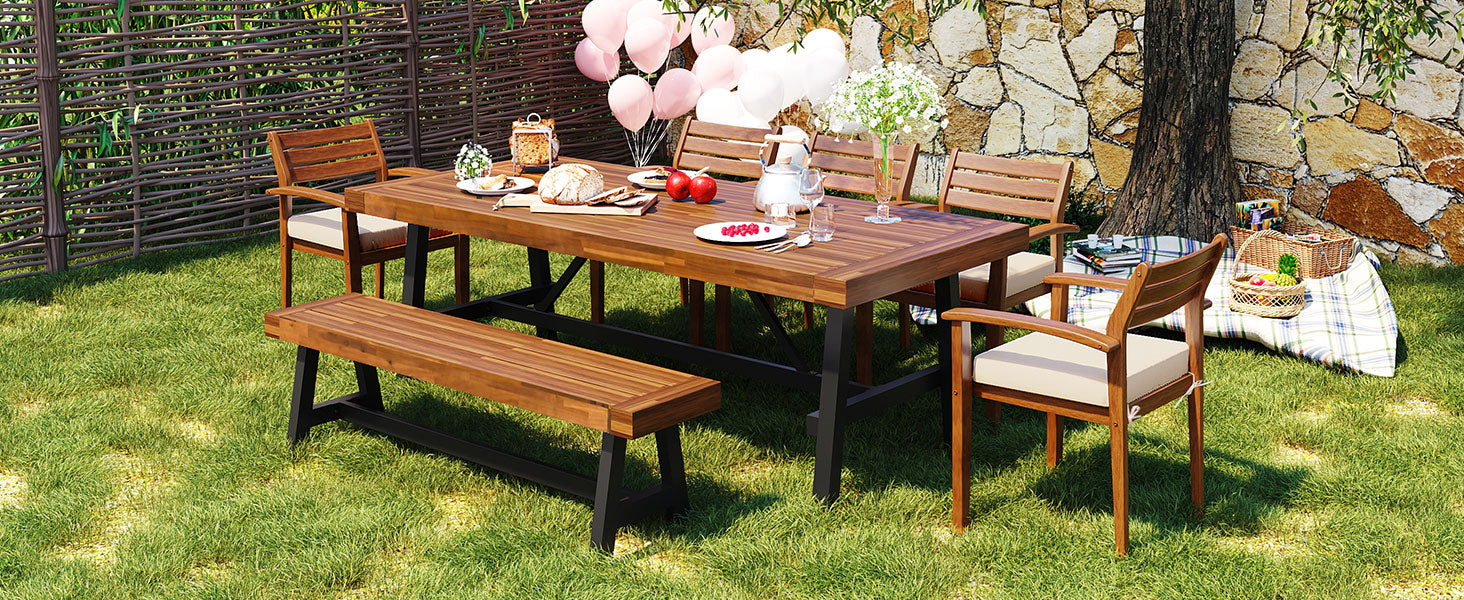 GO Outdoor Wood Dining Set For 7-8 Person, Outdoor Dining Furniture With Removable Cushions, Ergonomic Chairs And Bench,