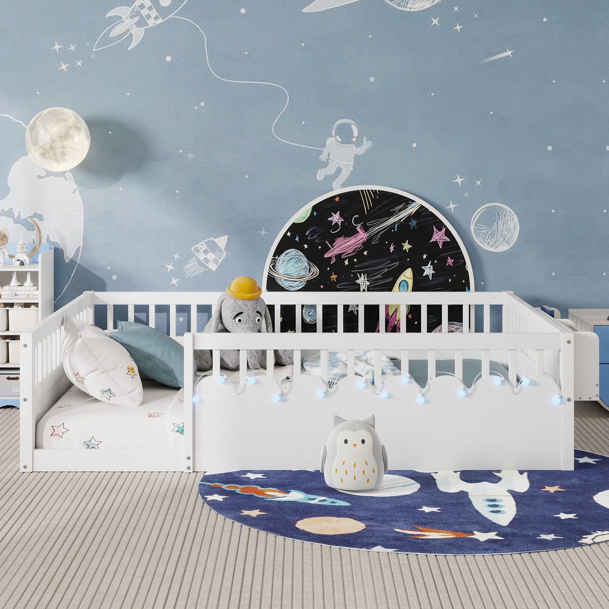 Full Montessori Floor Bed Frame With High Rails, Wood Kids Floor Beds With Light And Storage Shelf, White Expect Arrival
