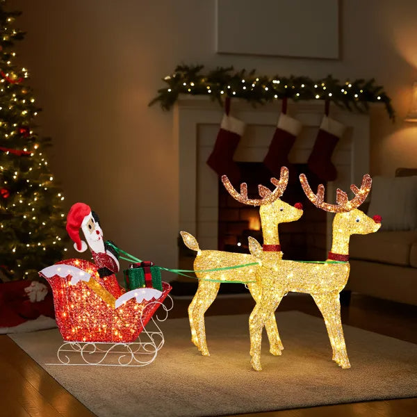 Lighted Reindeer Pulling Sleigh Christmas Decorations, Pre-lit Holiday Decor With270Warm White LEDfor Xmas Outdoor Indoo